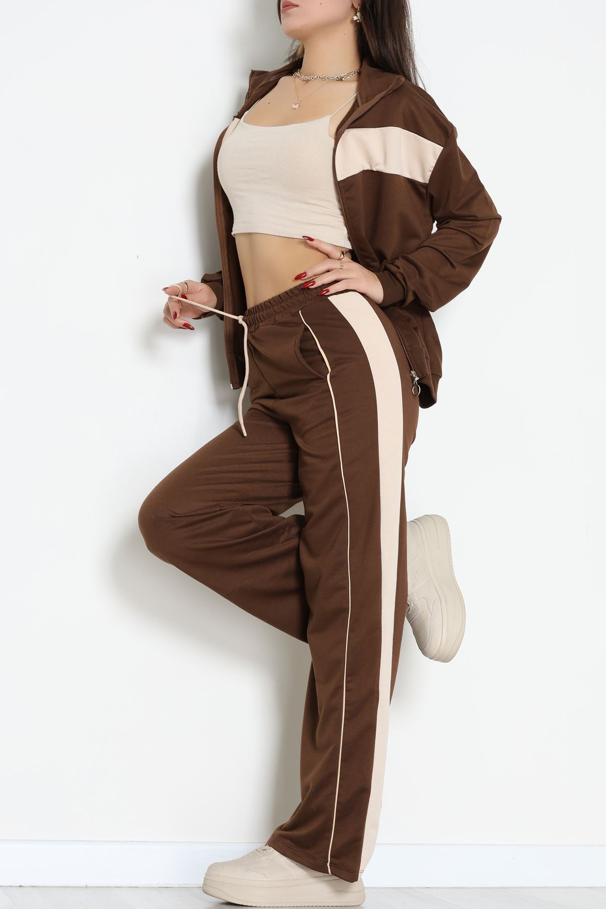 Garnili Fermuarlı 2 İplik Eşofman Takımı Kahvebej - 50790.1857.