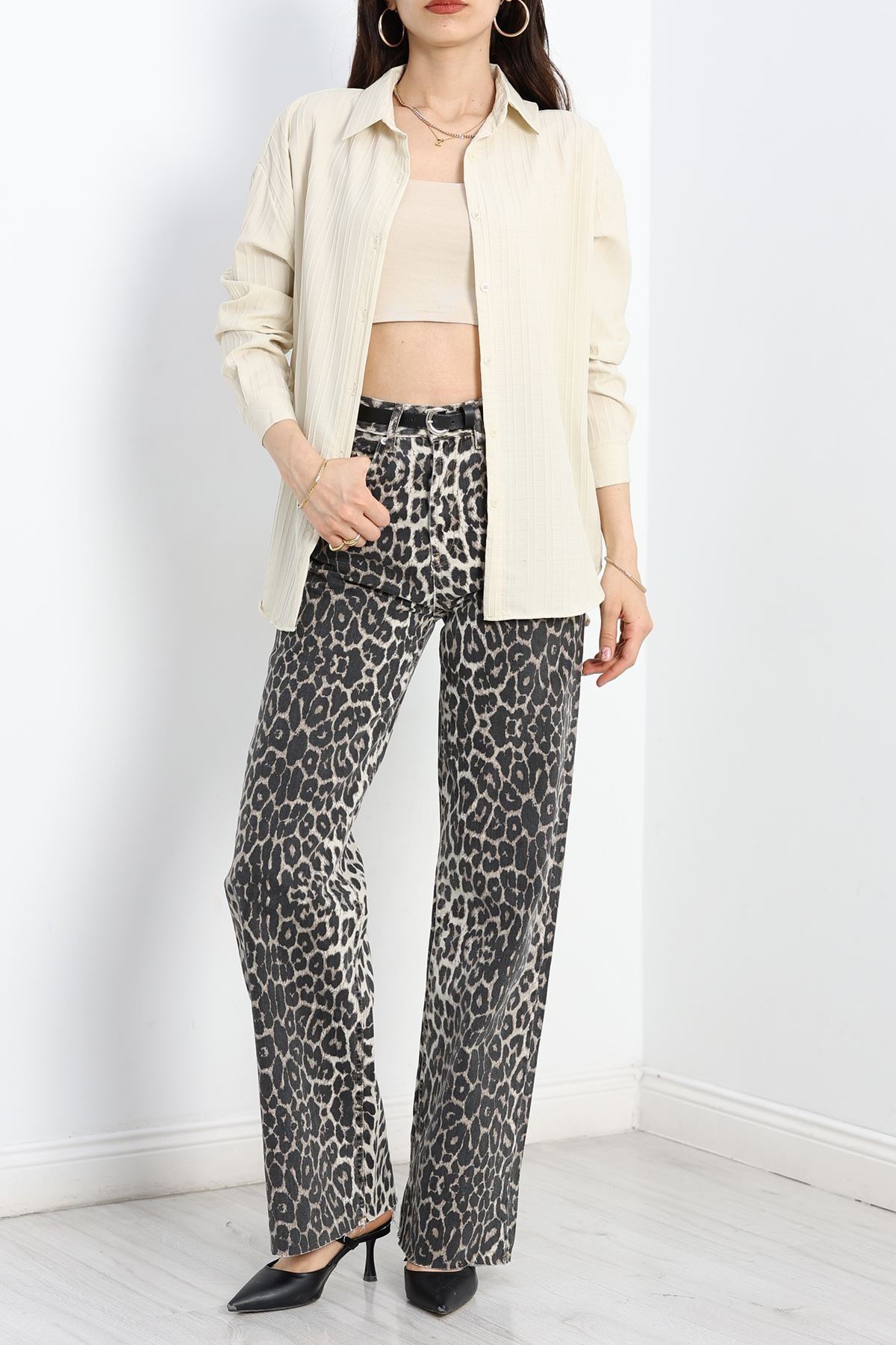 Çizgi Detaylı Gömlek Bej - 80023.147.