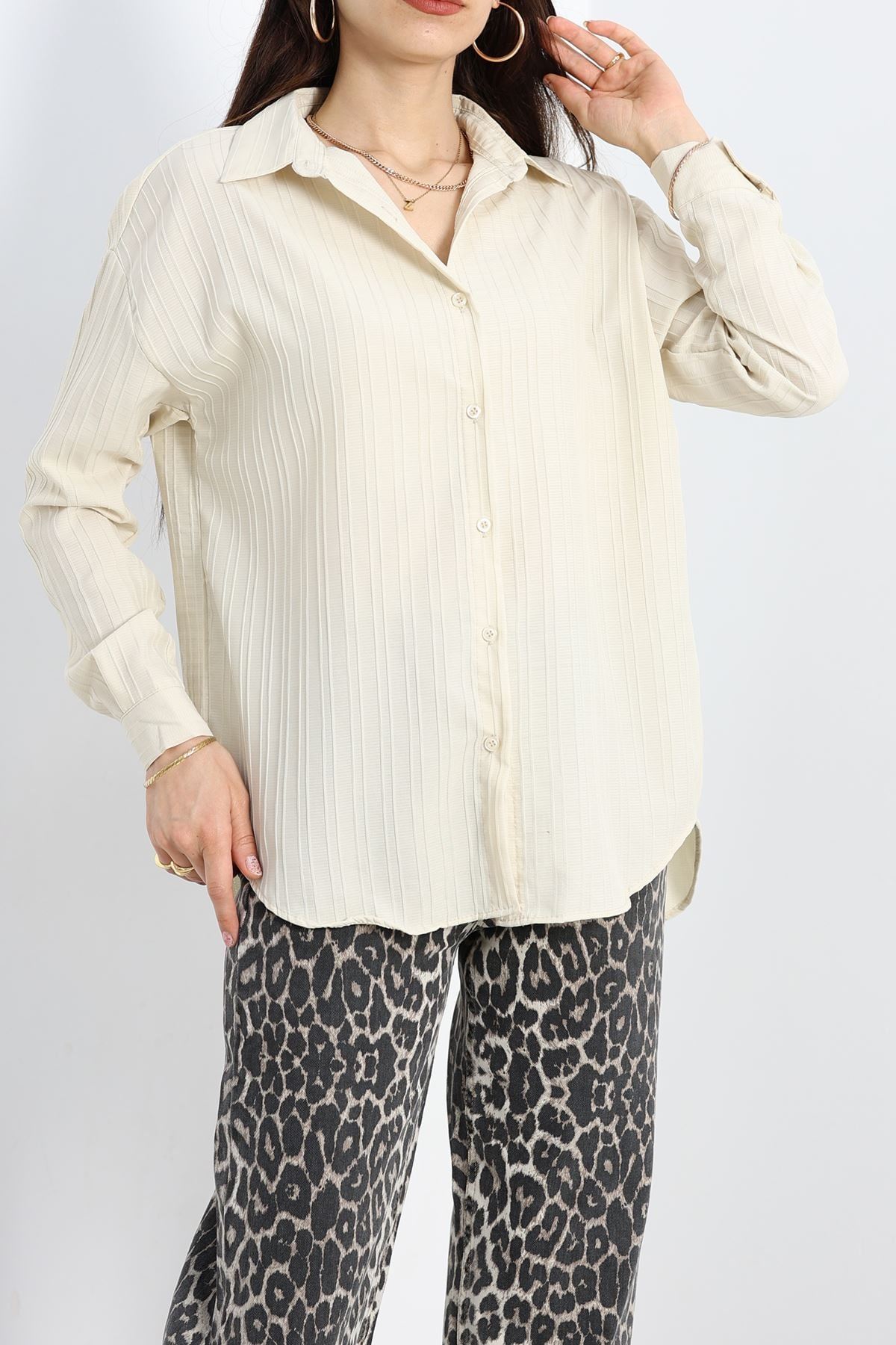 Çizgi Detaylı Gömlek Bej - 80023.147.