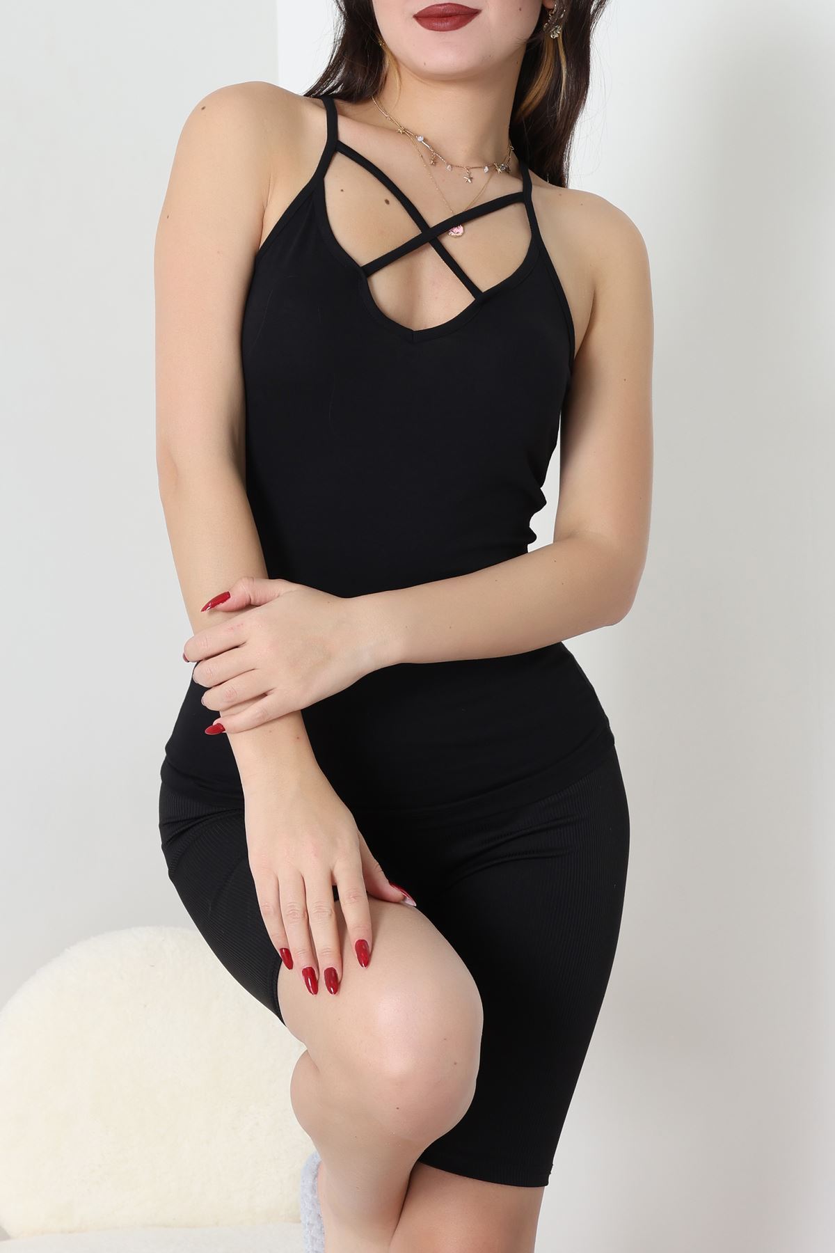 Likralı Arkası Ve Önü Biyeli İp Askılı Atlet Siyahbeyazlaci - 39093.200.