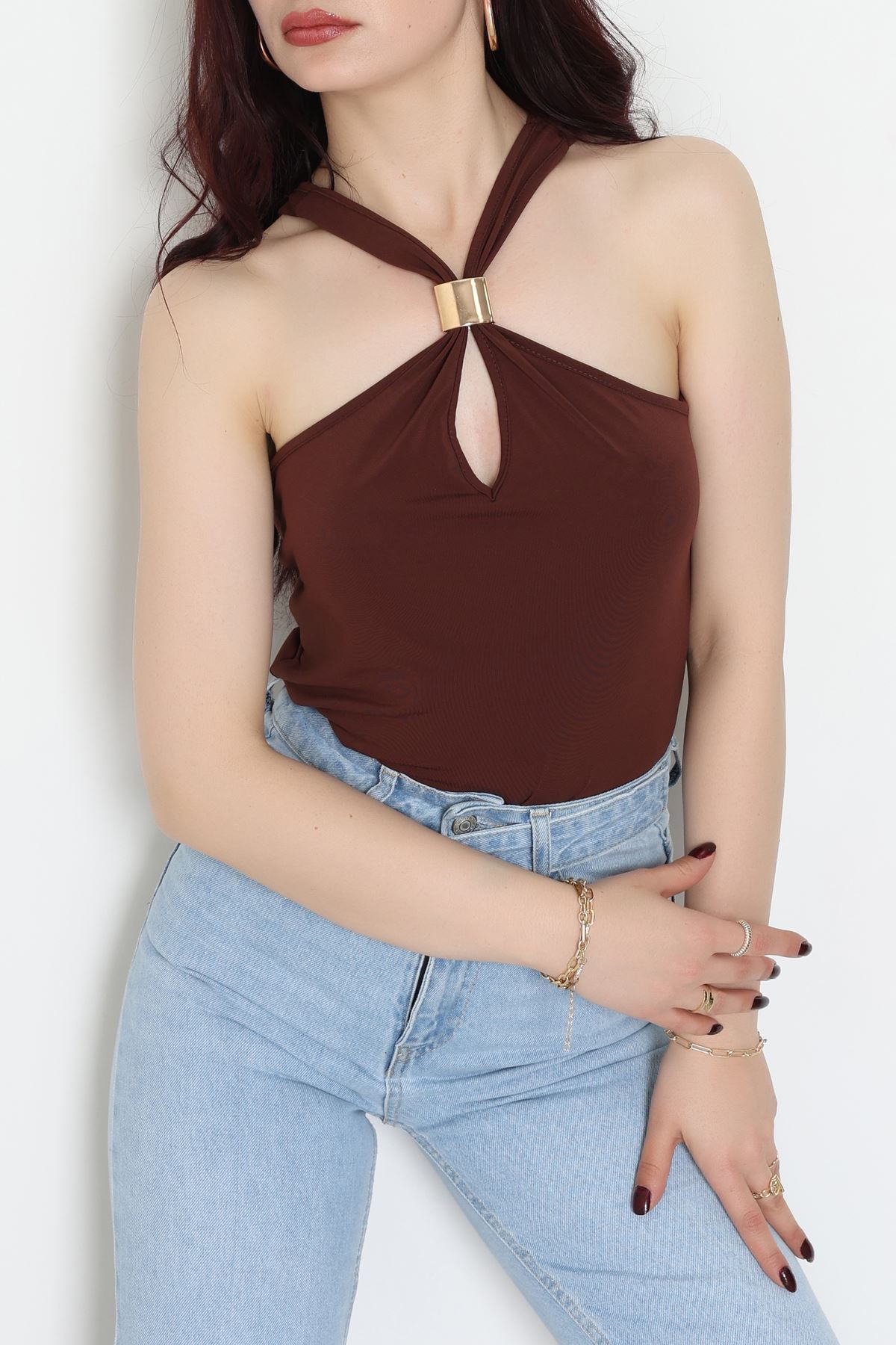 Sandy Önü Tokalı Çıtçıtlı Bluz Kahve - 42803.1949.