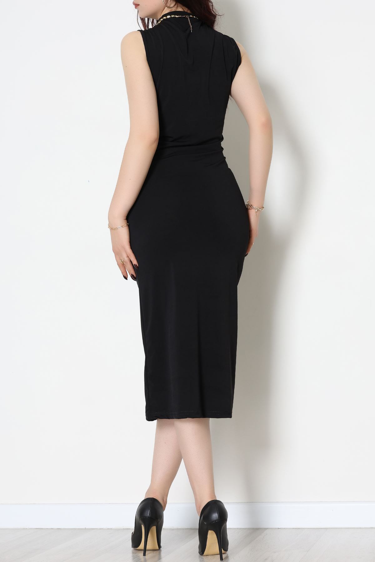 Dik Yaka Sandy Kumaş Elbise Siyah - 70831.1949.