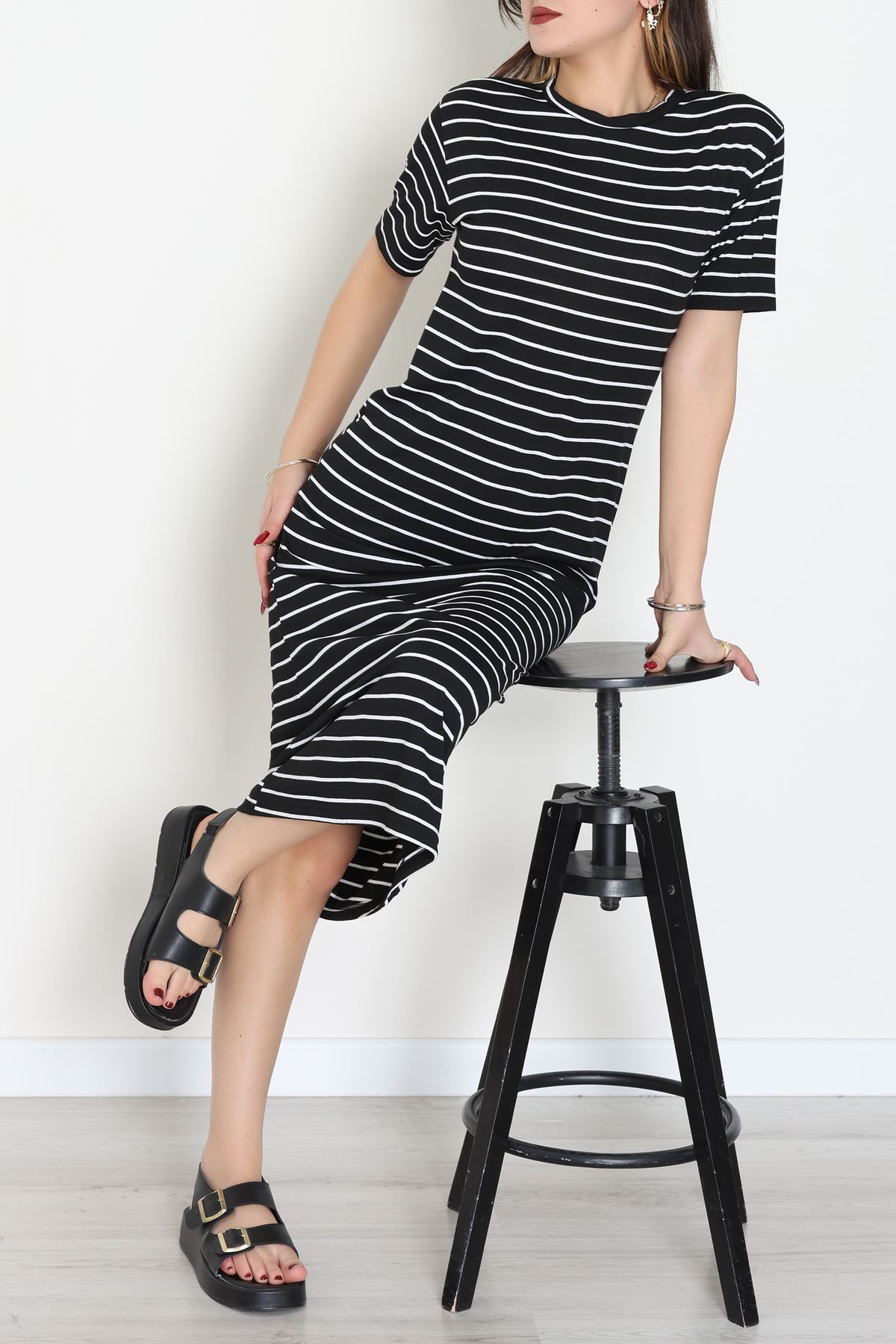 Bisiklet Yaka Süprem Penye Elbise Siyahbeyaz - 70824.1567.