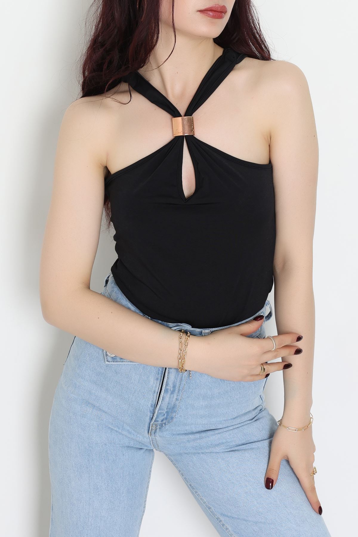 Sandy Önü Tokalı Çıtçıtlı Bluz Siyah - 42803.1949.