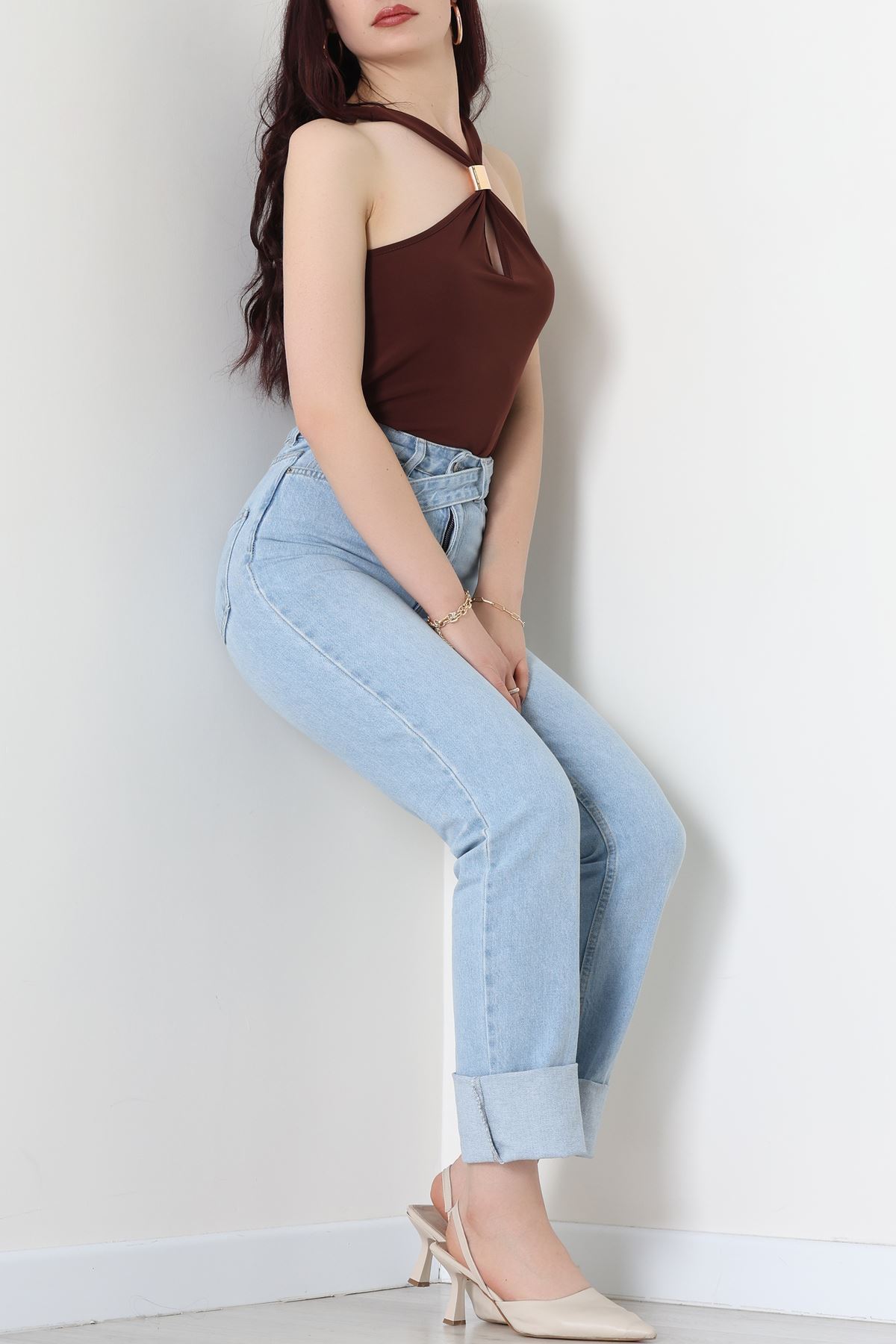 Sandy Önü Tokalı Çıtçıtlı Bluz Kahve - 42803.1949.