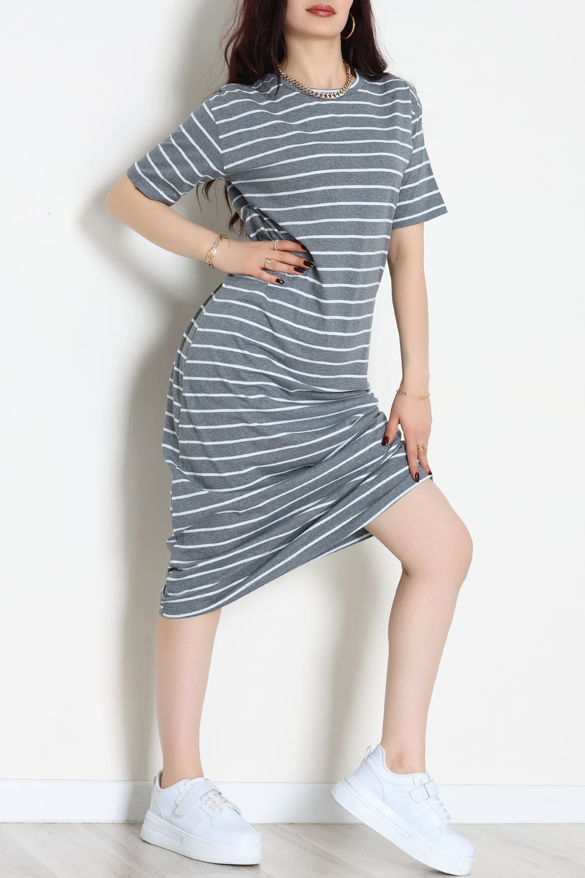 Bisiklet Yaka Süprem Penye Elbise Antrasitbeyaz - 70824.1567.