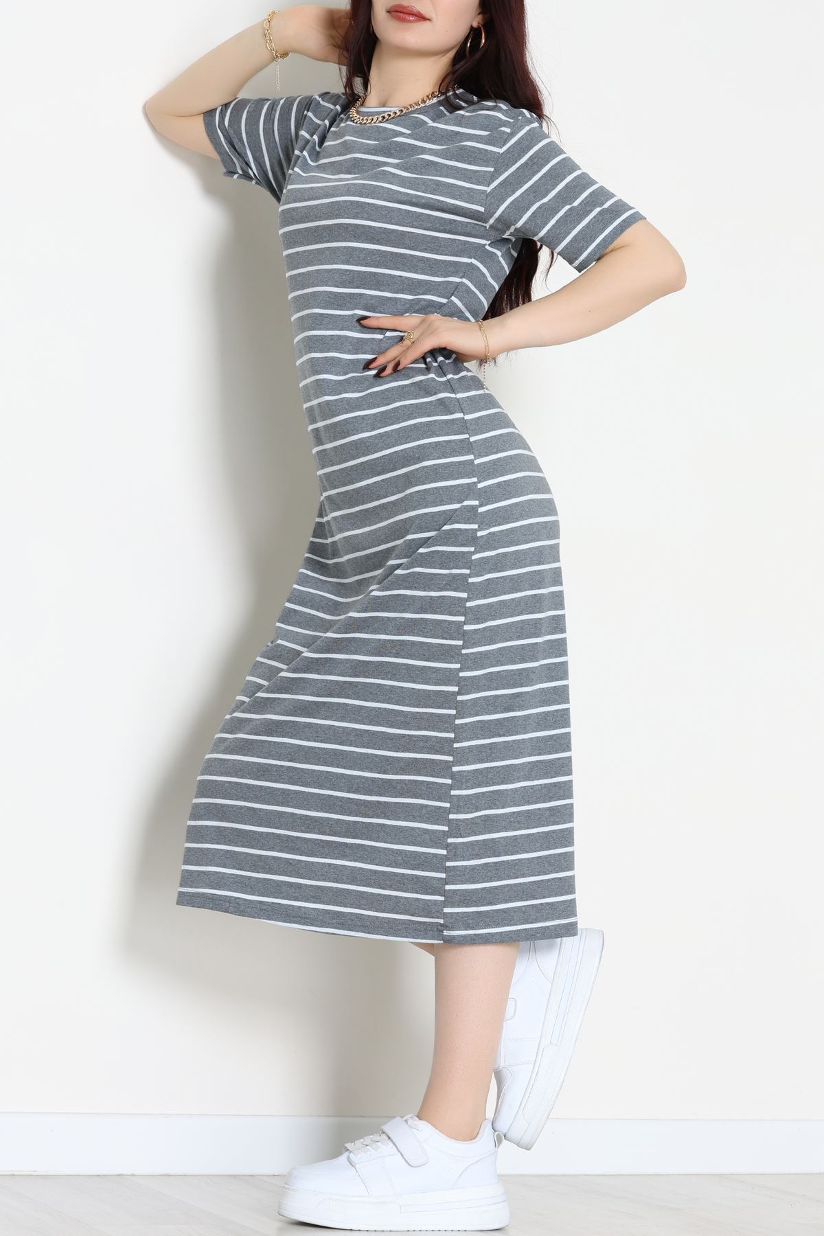 Bisiklet Yaka Süprem Penye Elbise Antrasitbeyaz - 70824.1567.