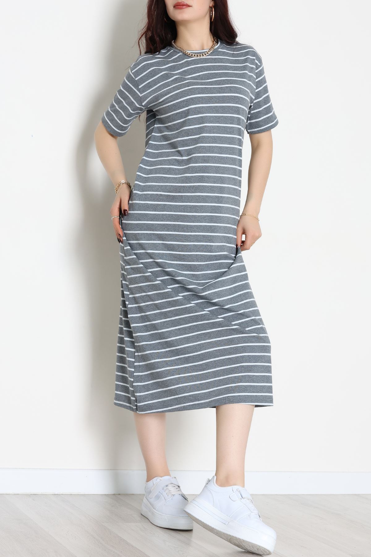 Bisiklet Yaka Süprem Penye Elbise Antrasitbeyaz - 70824.1567.