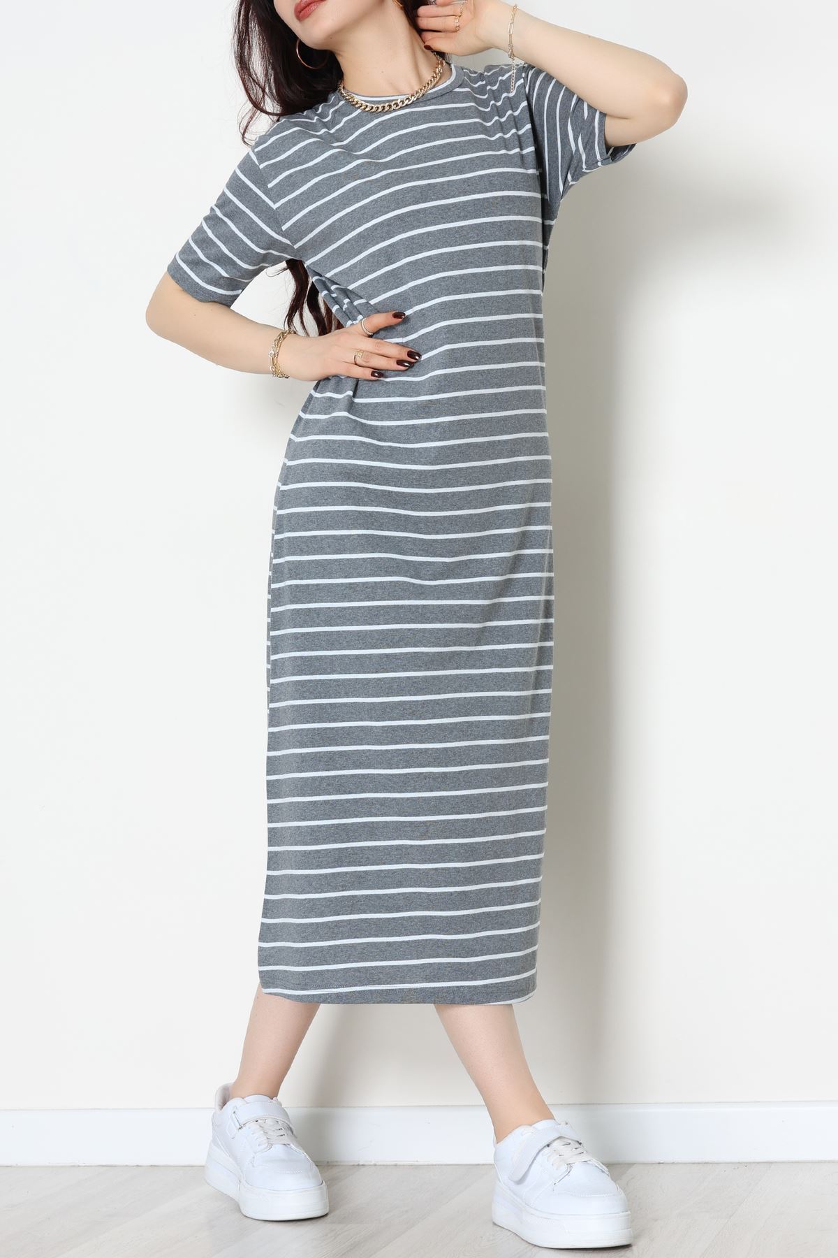 Bisiklet Yaka Süprem Penye Elbise Antrasitbeyaz - 70824.1567.