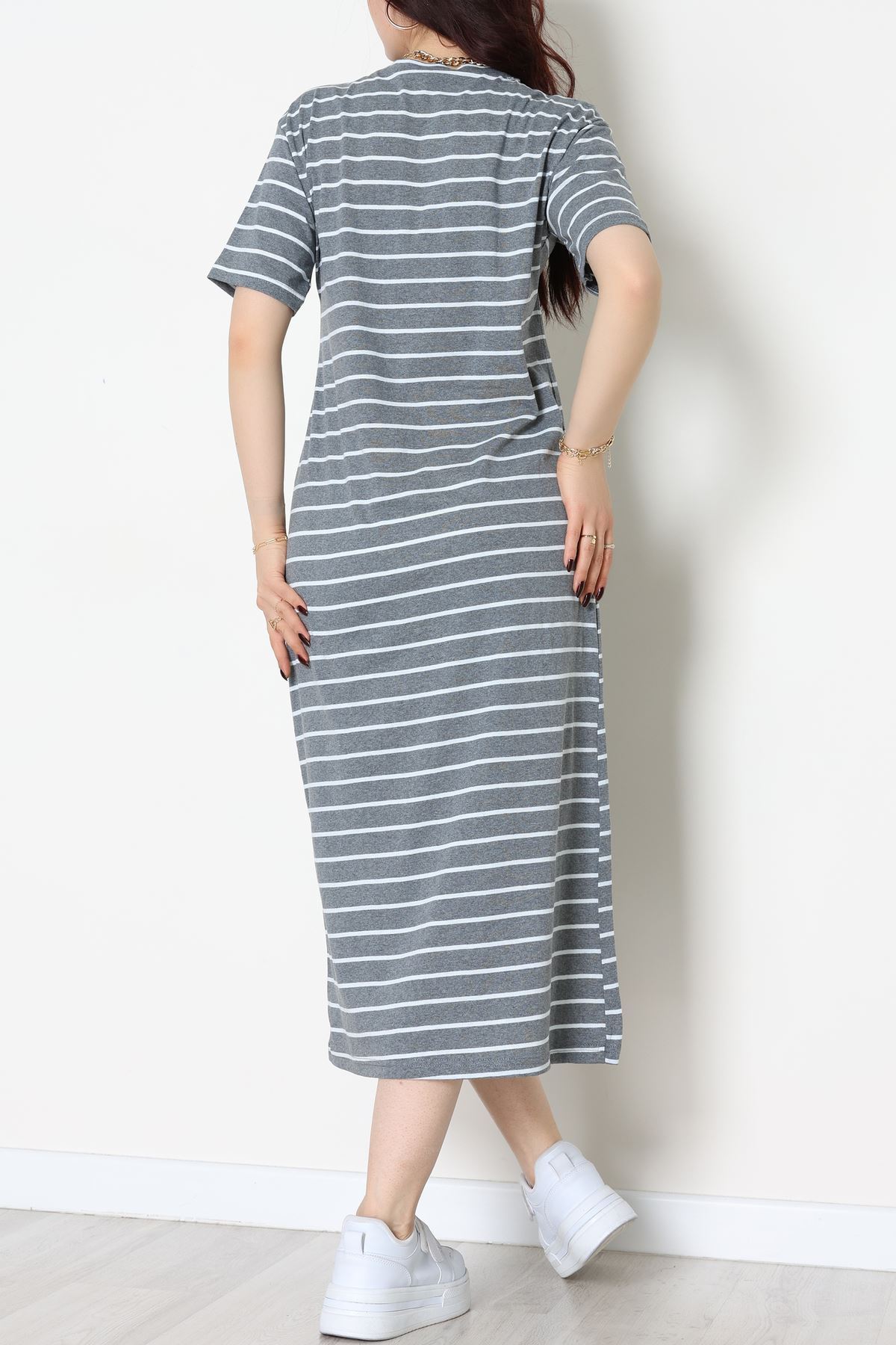 Bisiklet Yaka Süprem Penye Elbise Antrasitbeyaz - 70824.1567.