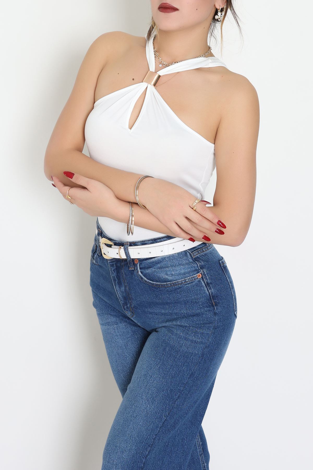 Sandy Önü Tokalı Çıtçıtlı Bluz Beyaz - 42803.1949.