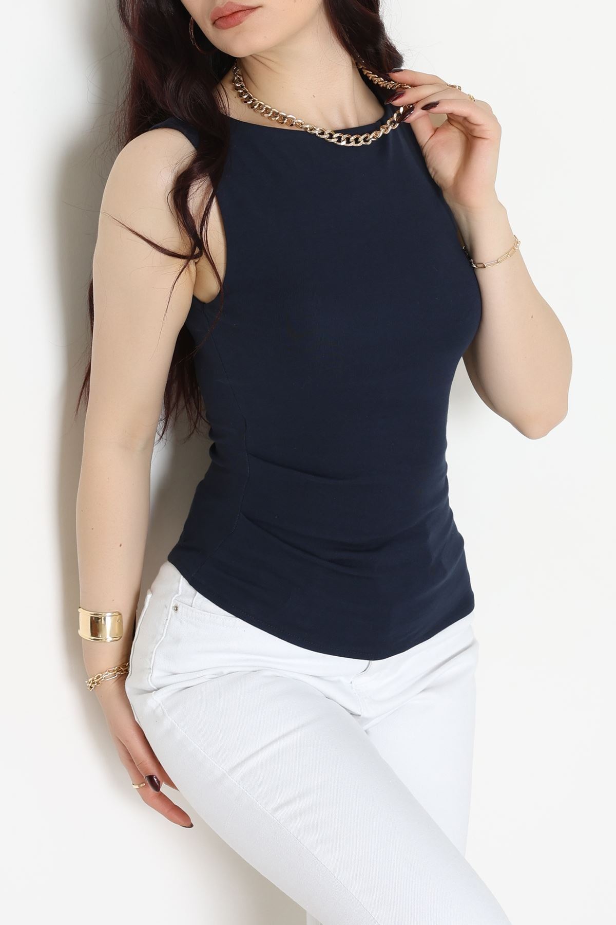 Kayık Yaka Önü Asimetrik Ribana Atlet Lacivert - 22050.200.