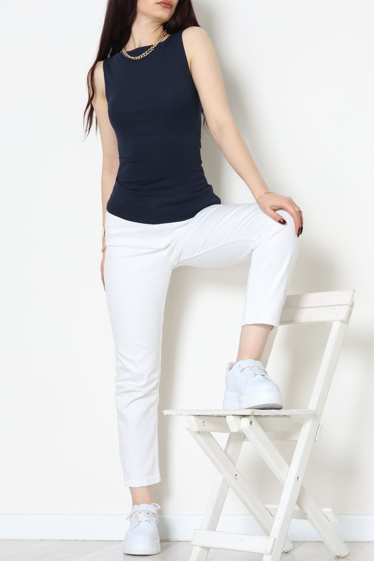 Kayık Yaka Önü Asimetrik Ribana Atlet Lacivert - 22050.200.