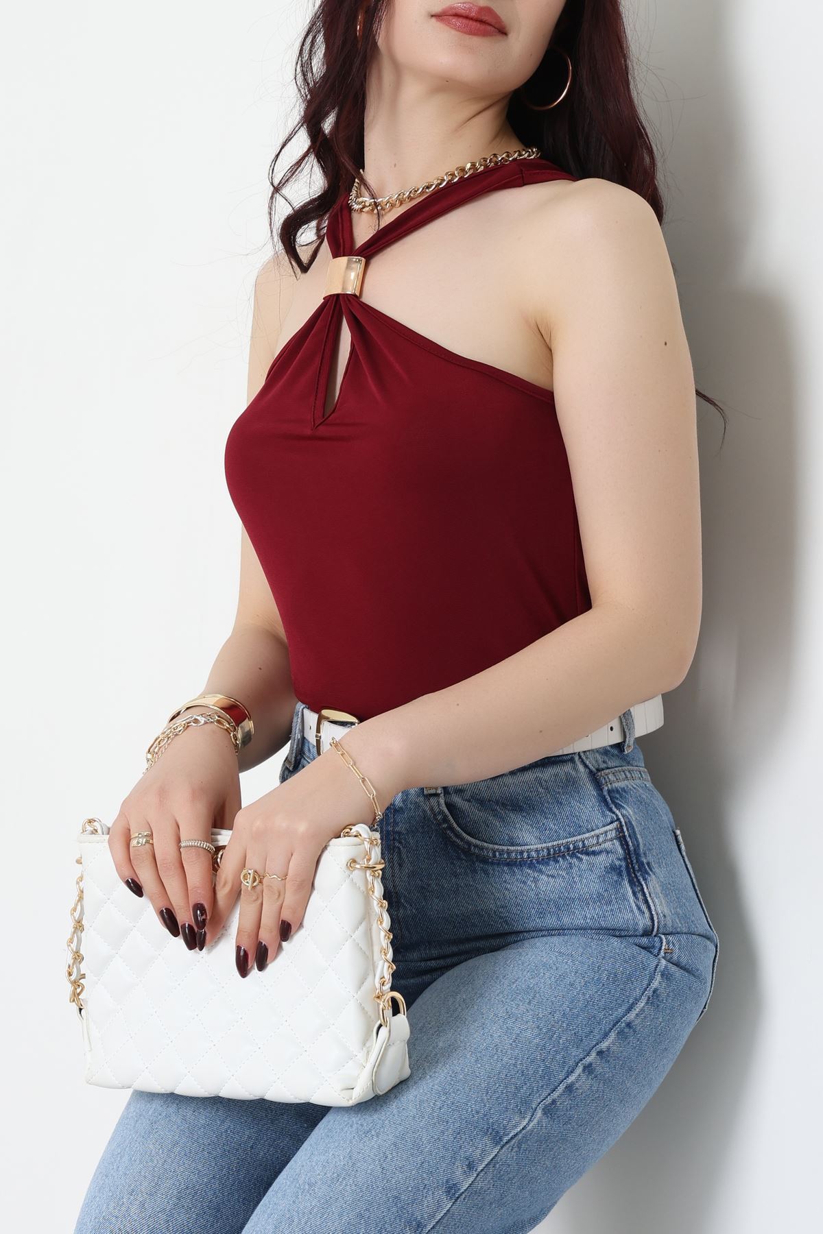 Sandy Önü Tokalı Çıtçıtlı Bluz Bordo - 42803.1949.