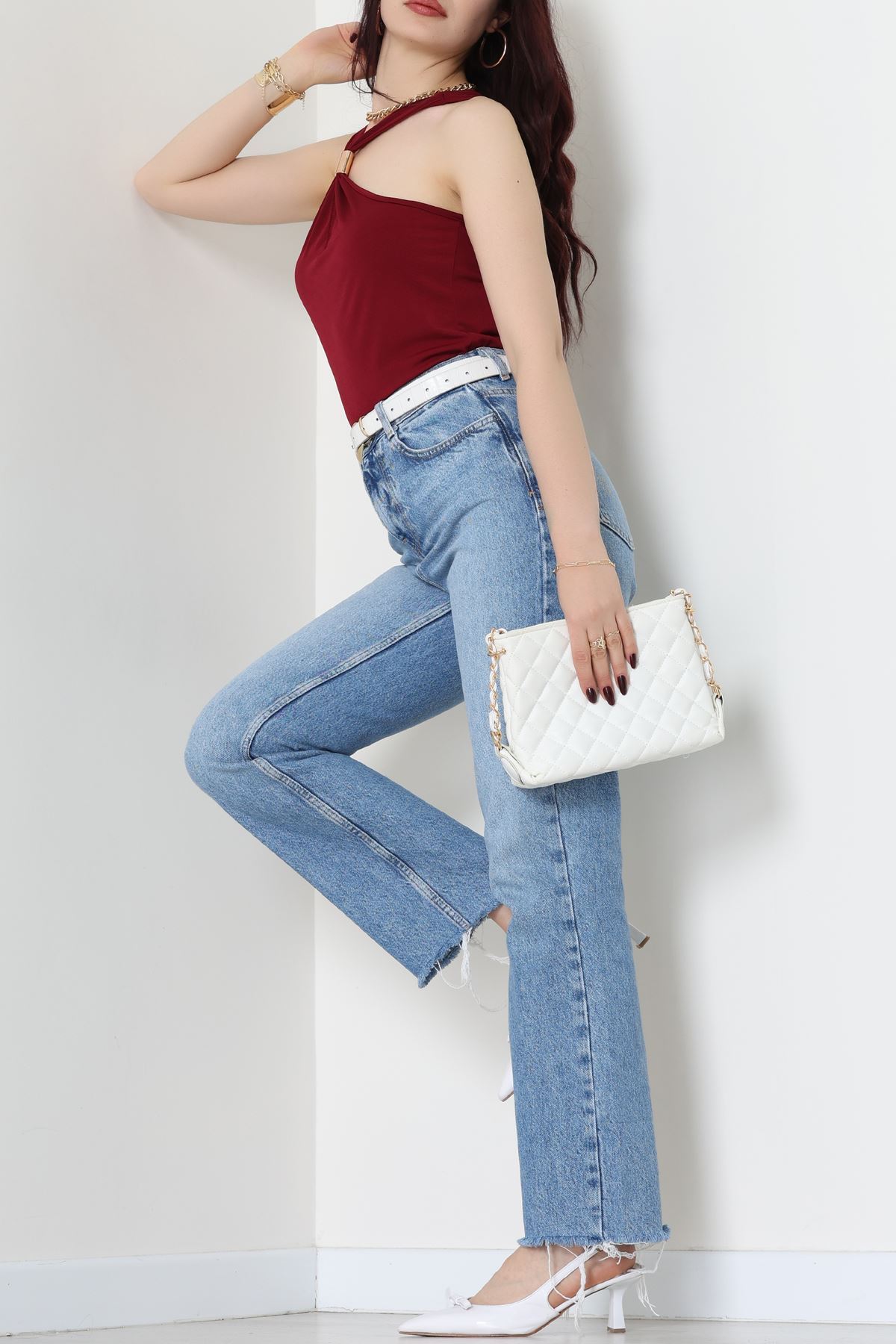 Sandy Önü Tokalı Çıtçıtlı Bluz Bordo - 42803.1949.