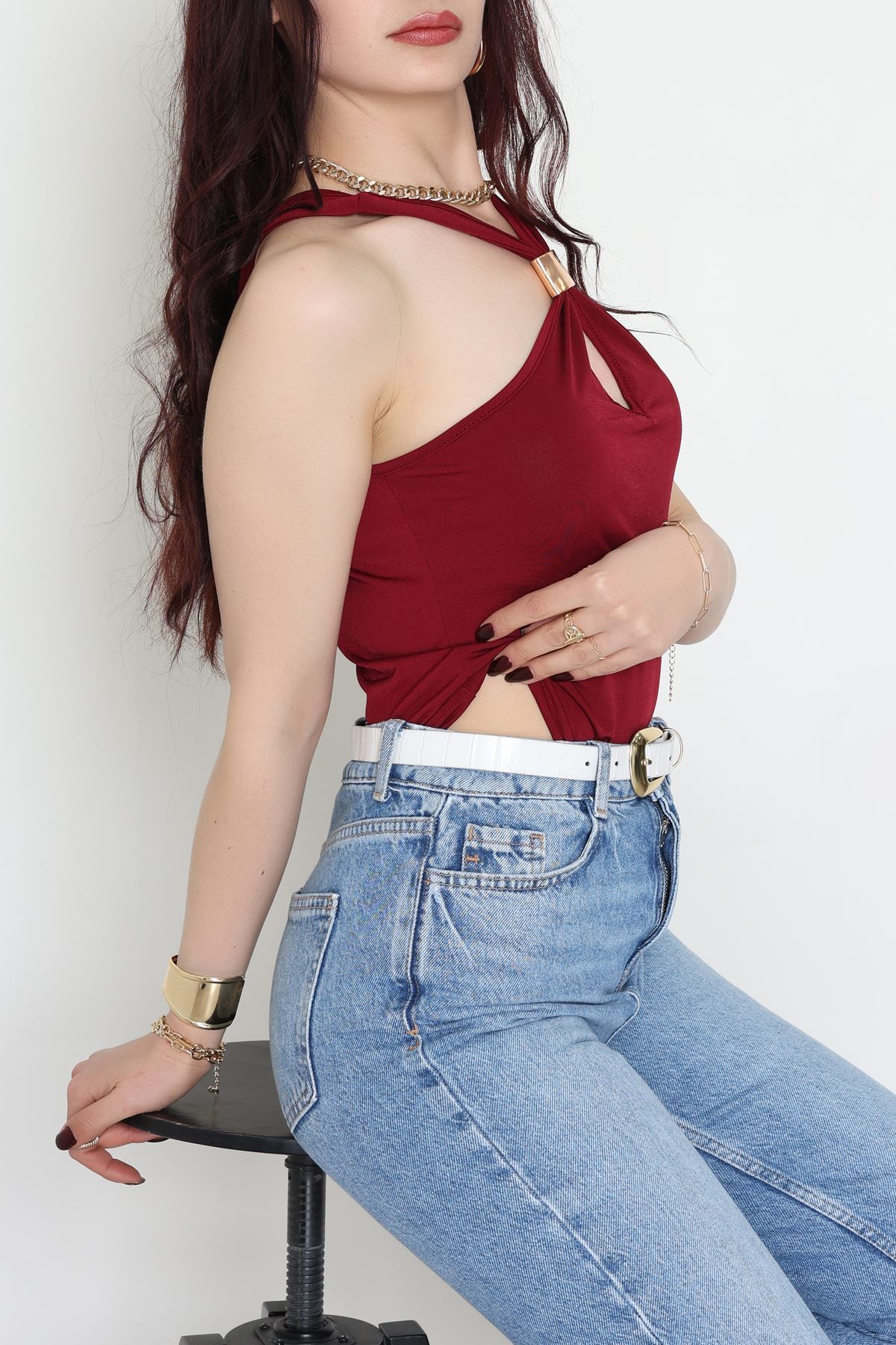 Sandy Önü Tokalı Çıtçıtlı Bluz Bordo - 42803.1949.