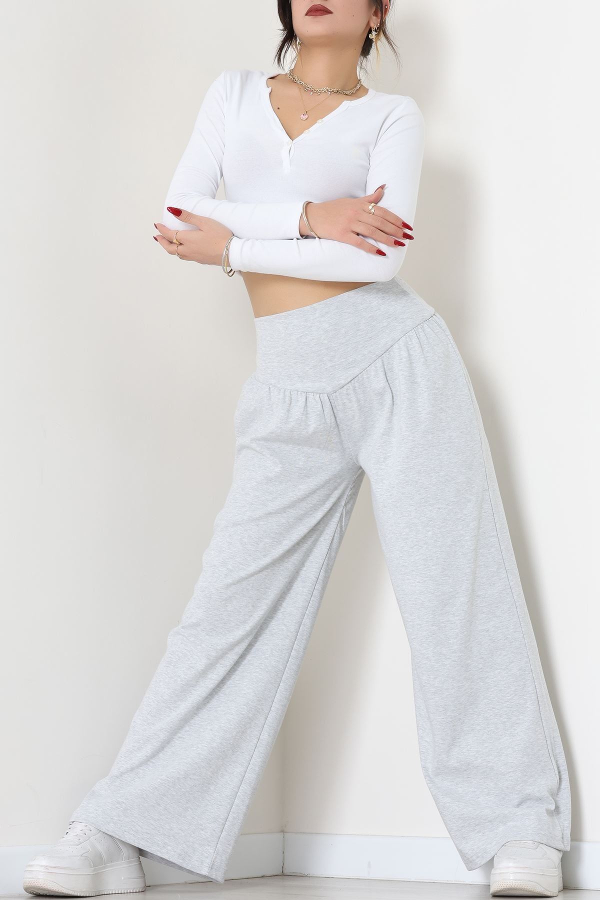 Buzzy Kumaş Korsajlı Palazzo Pantolon Gri - 51229.1567.