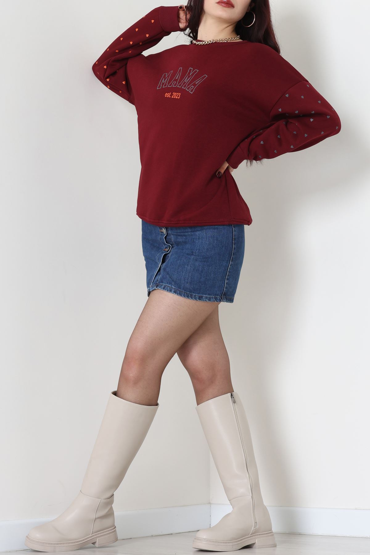 3 İplik Bisiklet Yaka Sweat Bordo - 42238.1878.