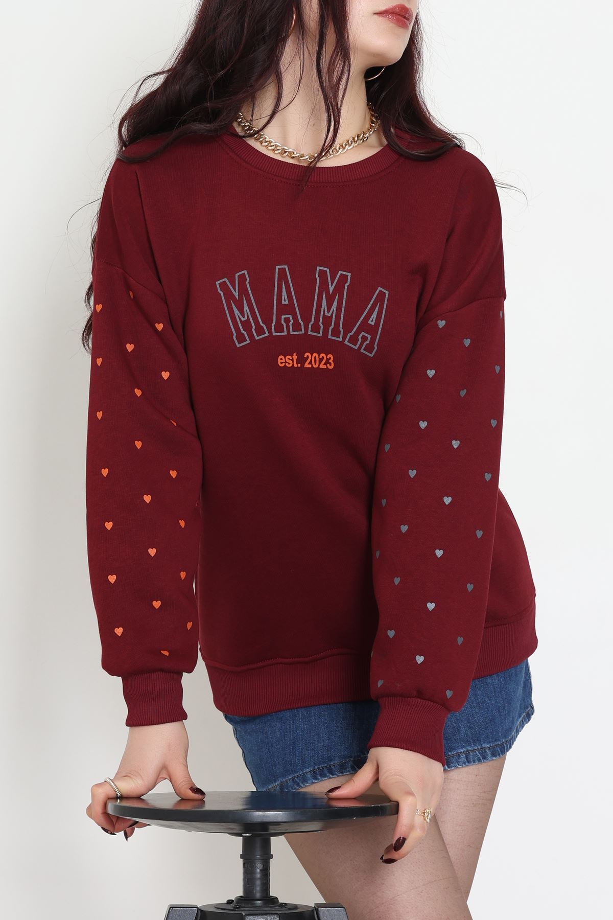 3 İplik Bisiklet Yaka Sweat Bordo - 42238.1878.