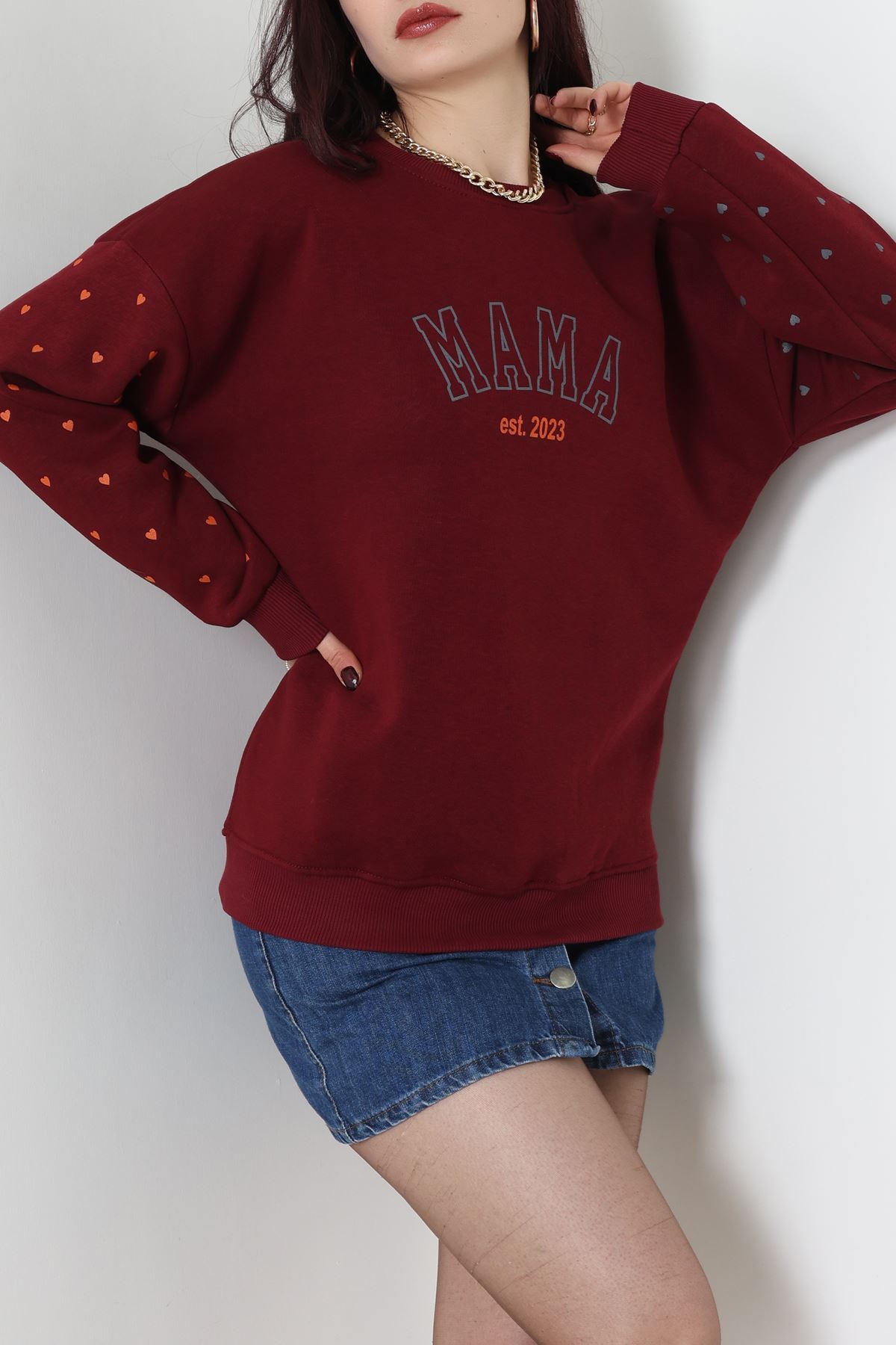 3 İplik Bisiklet Yaka Sweat Bordo - 42238.1878.