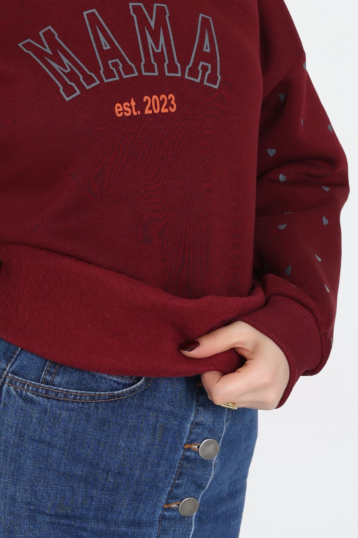 3 İplik Bisiklet Yaka Sweat Bordo - 42238.1878.