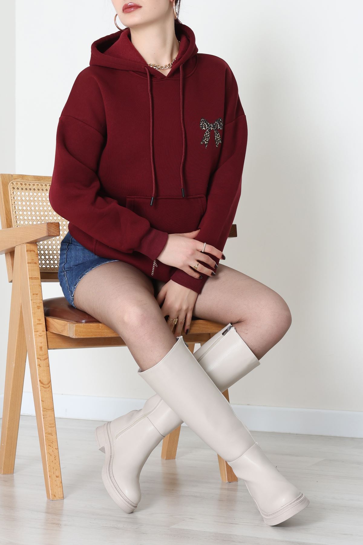 3 İplik Kanguru Cepli Kapşonlu Sweat Bordo - 42251.1878.
