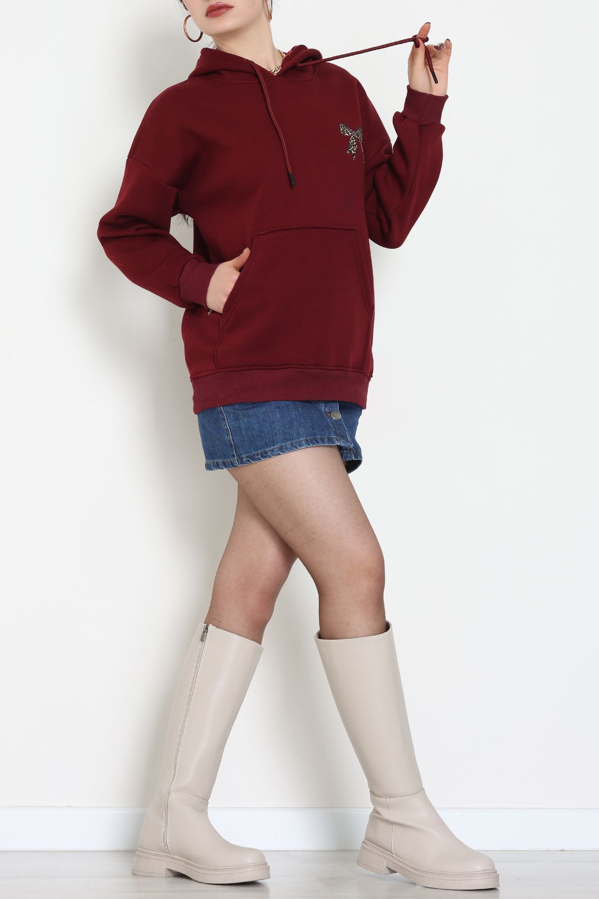 3 İplik Kanguru Cepli Kapşonlu Sweat Bordo - 42251.1878.