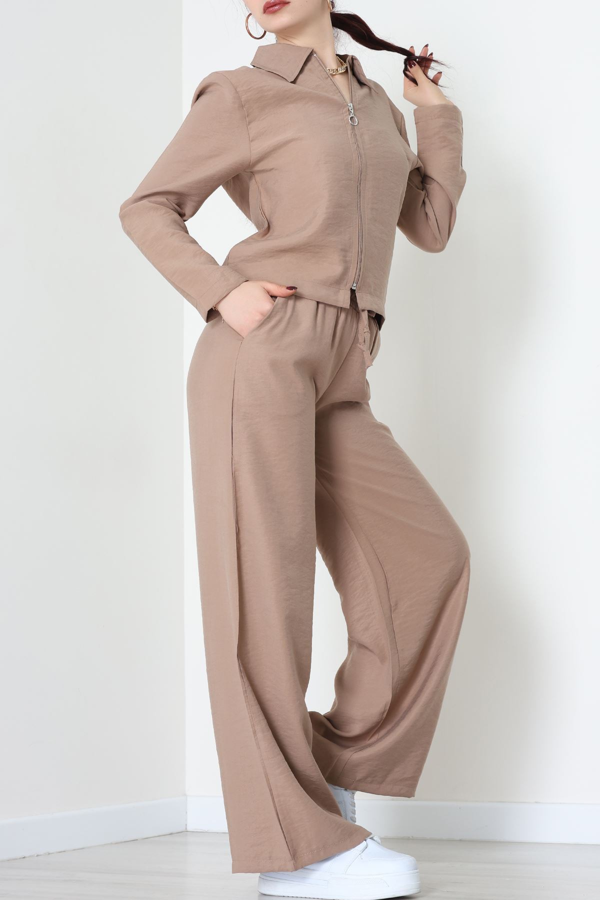 Soft Touch Dokuma Modal Fermuarlı İkili Takım Sütlükahve - 55012.1837.