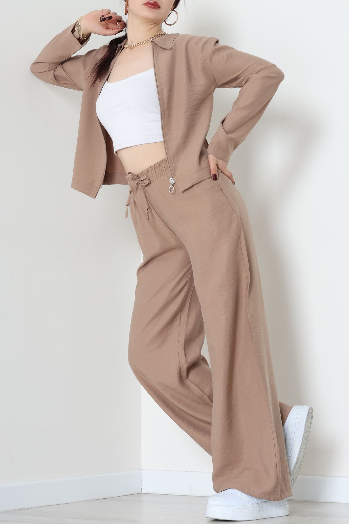 Soft Touch Dokuma Modal Fermuarlı İkili Takım Sütlükahve - 55012.1837.