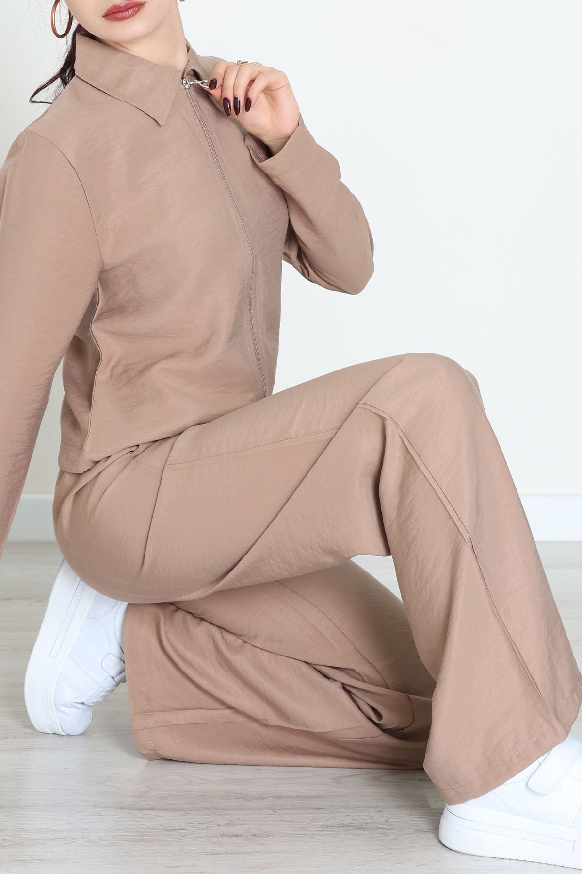 Soft Touch Dokuma Modal Fermuarlı İkili Takım Sütlükahve - 55012.1837.