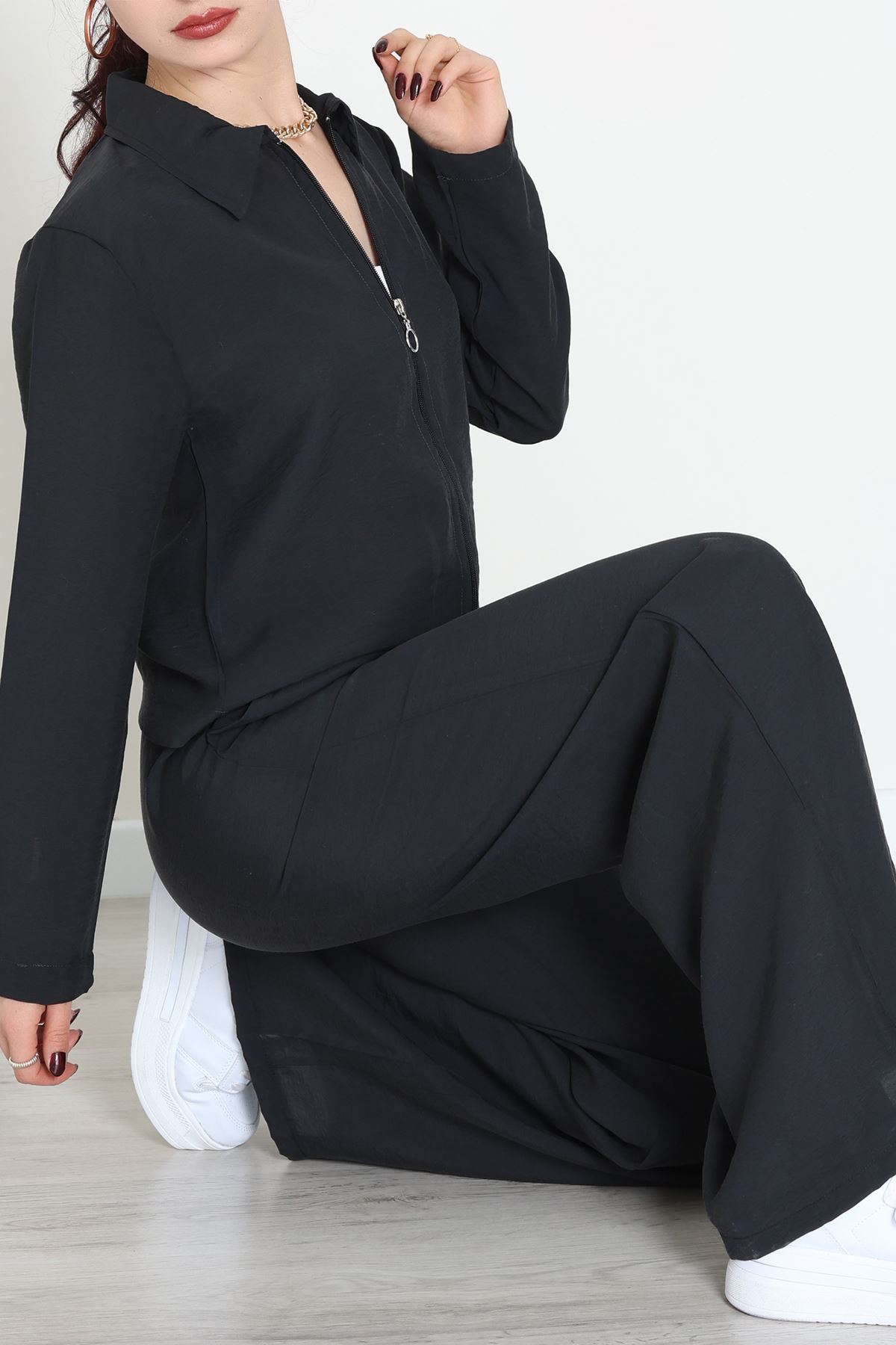 Soft Touch Dokuma Modal Fermuarlı İkili Takım Siyah - 55012.1837.