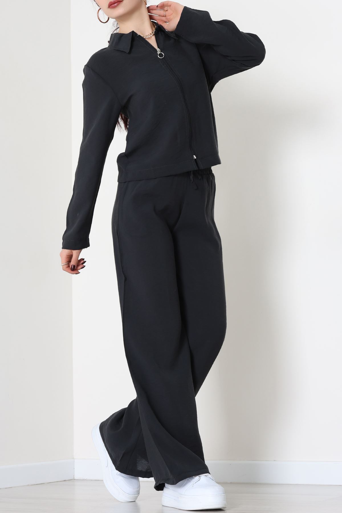 Soft Touch Dokuma Modal Fermuarlı İkili Takım Siyah - 55012.1837.