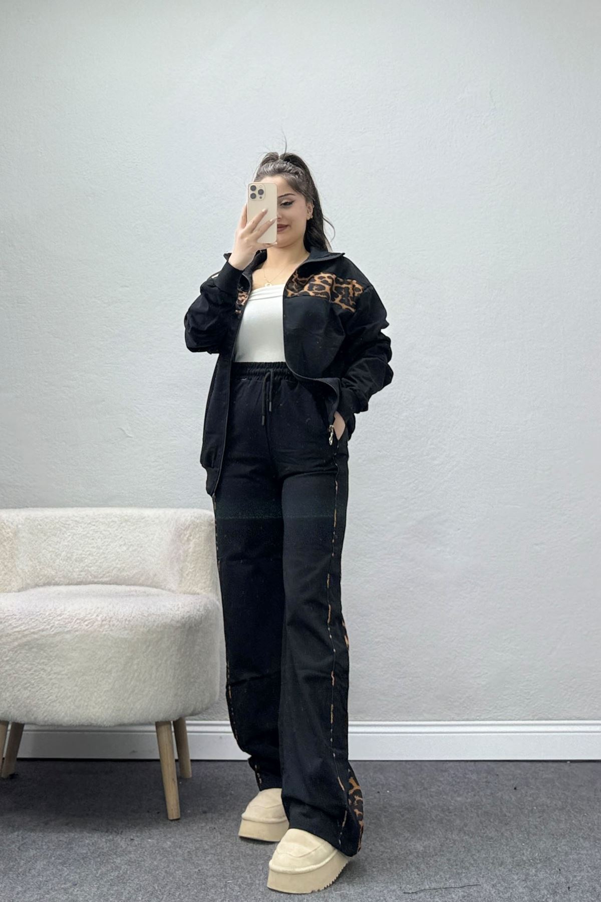 Garnili Fermuarlı 2 İplik Eşofman Takımı Siyahleopar - 50790.1857.