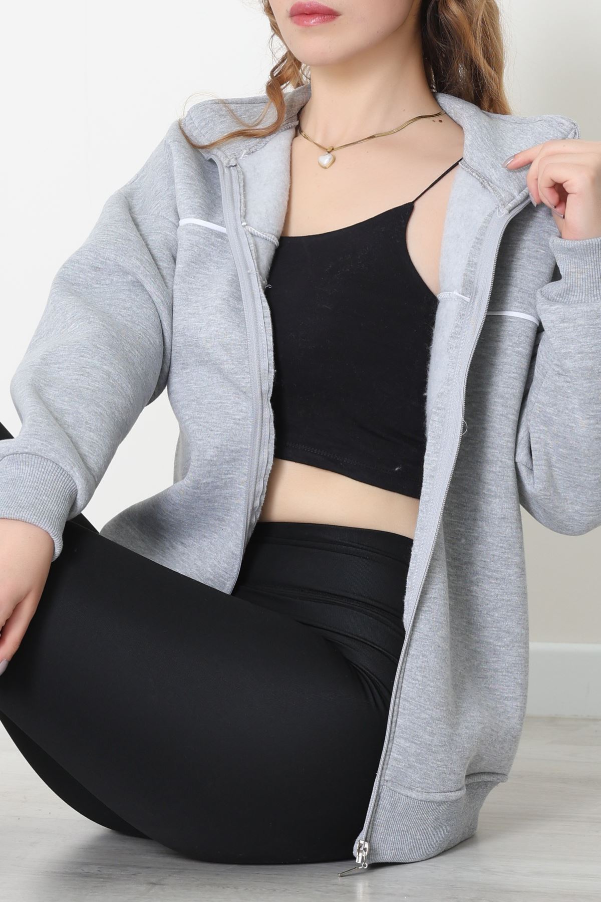 3 İplik Kompakt Oversize Biye Detaylı Sweat Gri - 42505.1878.