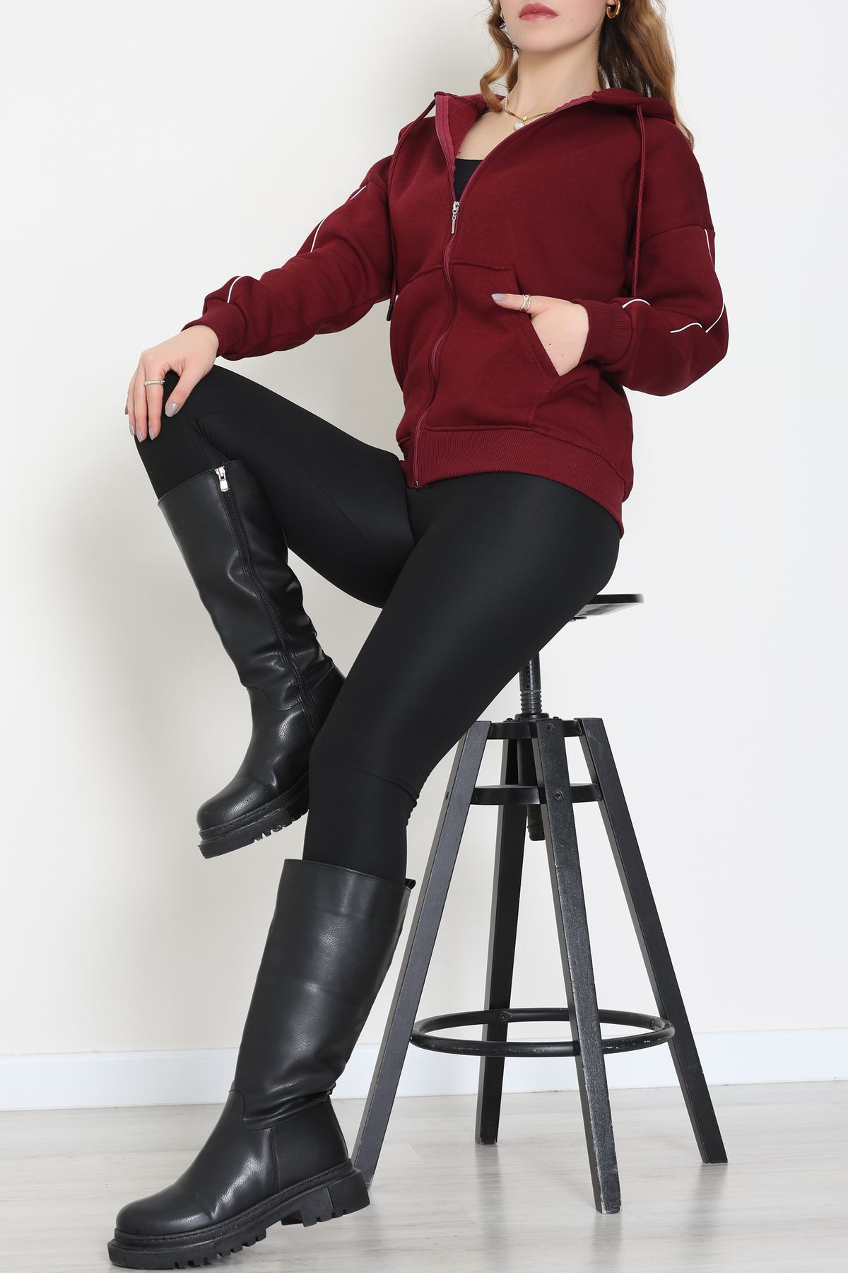 3 İplik Oversize Biyeli Sweat Bordo - 42503.1878.