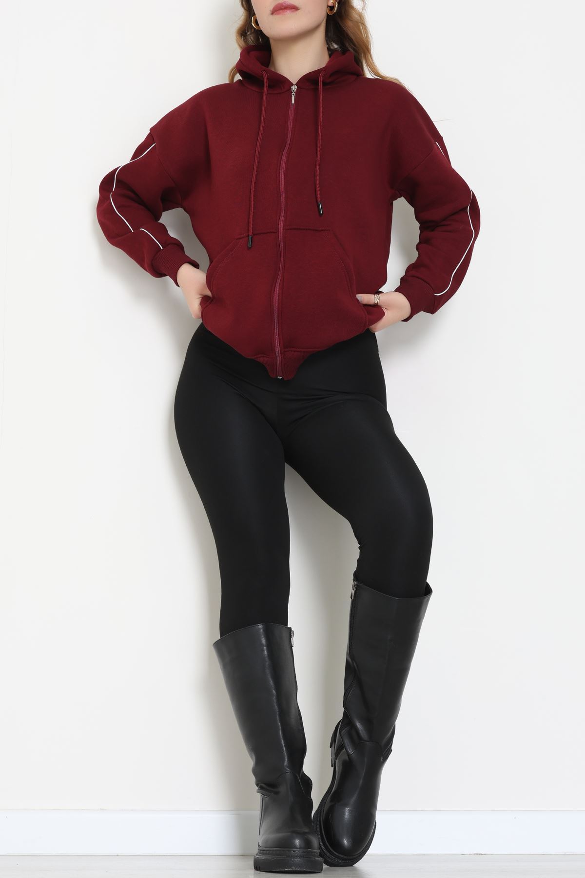 3 İplik Oversize Biyeli Sweat Bordo - 42503.1878.