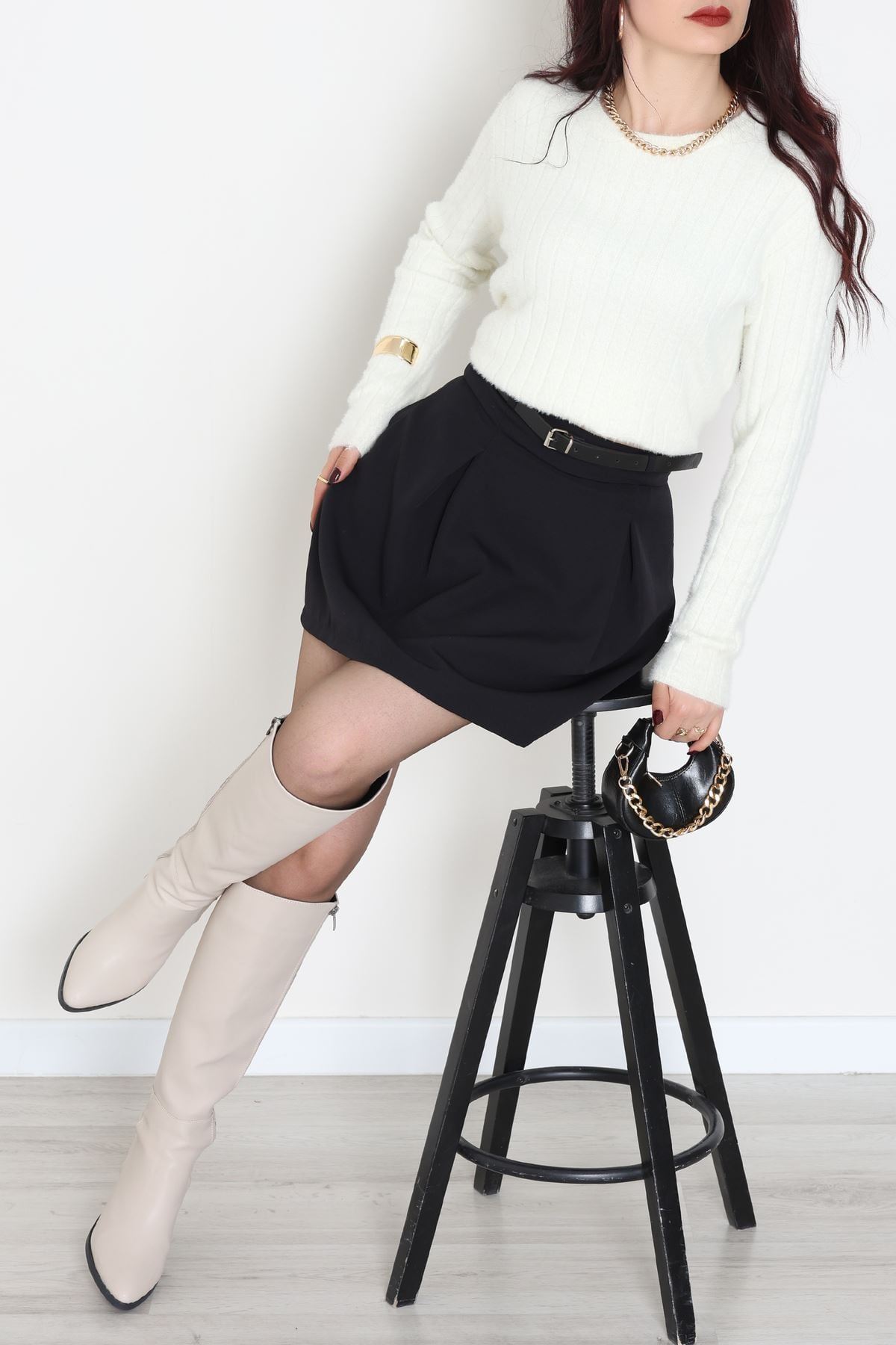 Dabıl Kumaş Kemerli Pileli Etek Kahve - 51258.1991.