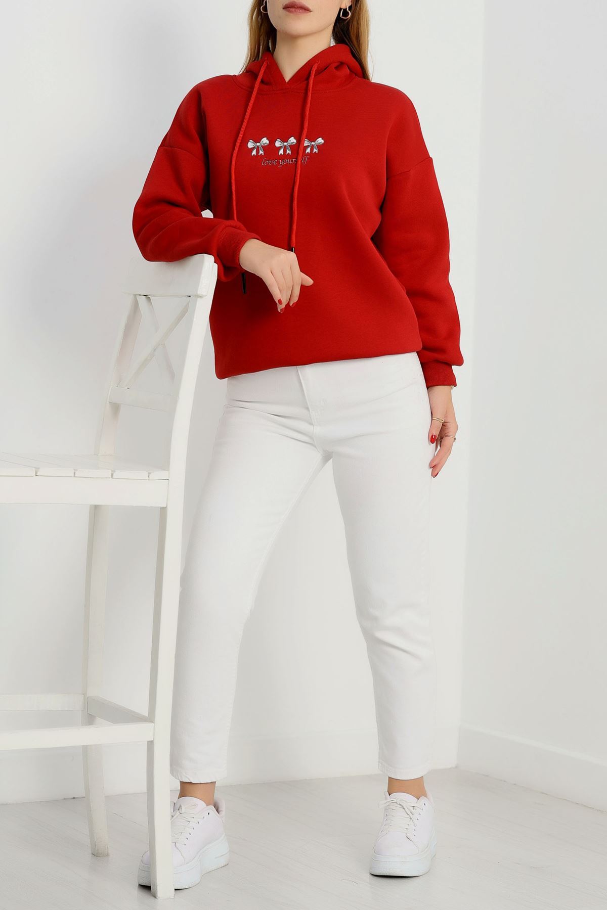 3 İplik Kapşonlu Nakışlı Sweat Bordobeyaz - 42219.1878.