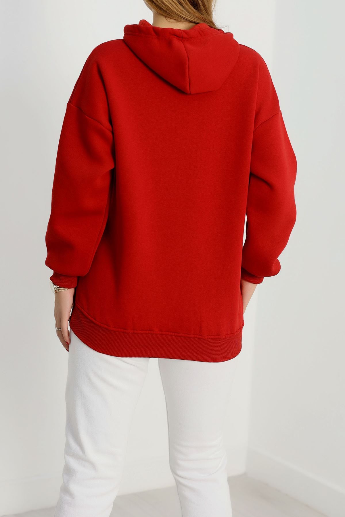 3 İplik Kanguru Cepli Kapşonlu Sweat Bordo - 42254.1878.