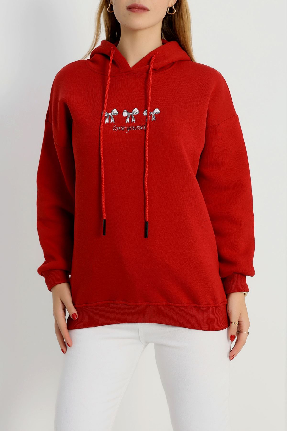 3 İplik Kapşonlu Nakışlı Sweat Bordobeyaz - 42219.1878.