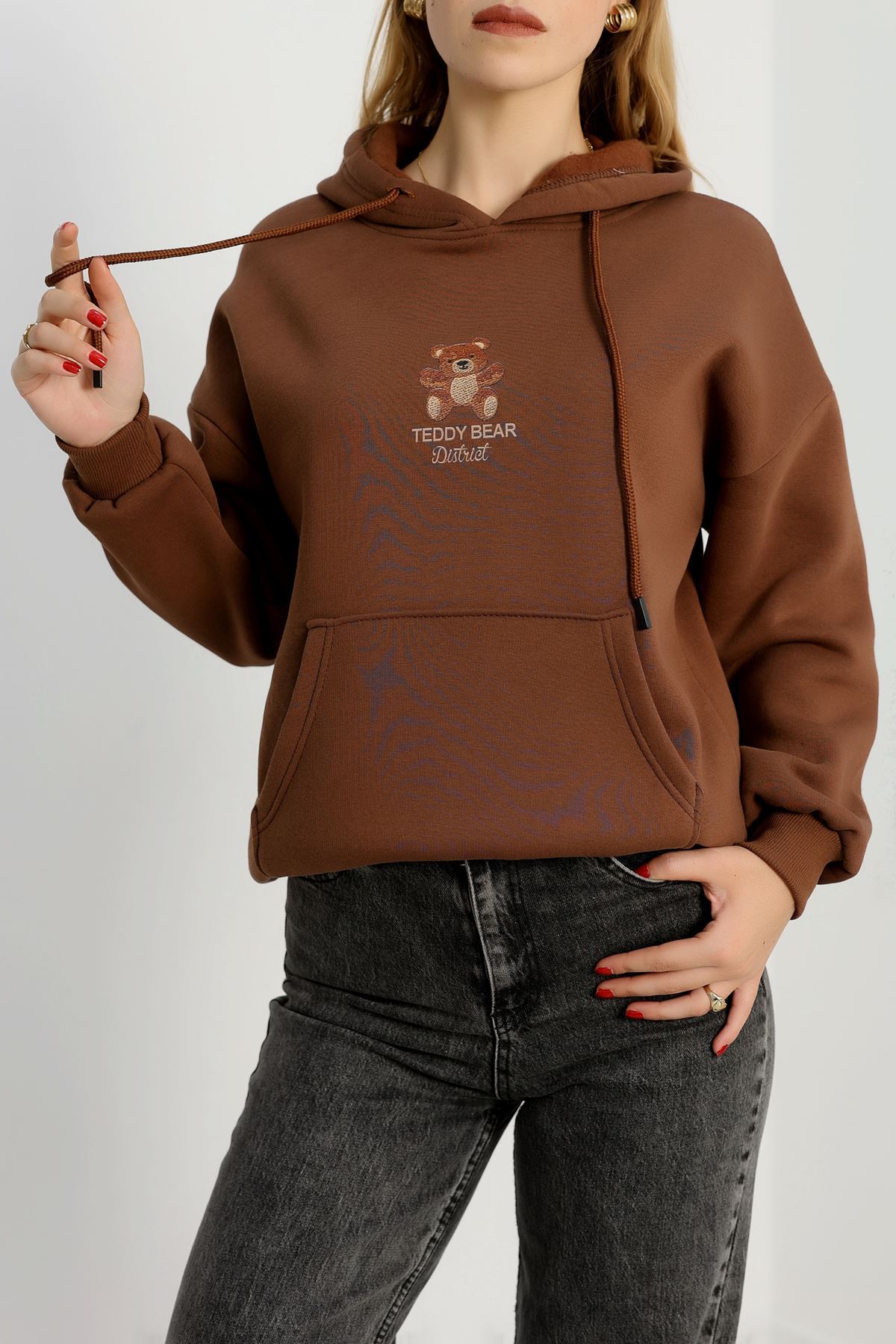 3 İplik Kanguru Cepli Kapşonlu Sweat Kahve - 42254.1878.