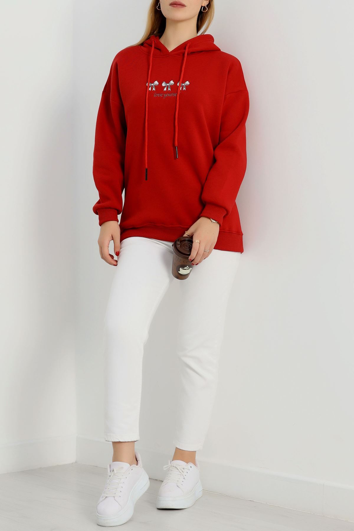 3 İplik Kapşonlu Nakışlı Sweat Bordobeyaz - 42219.1878.