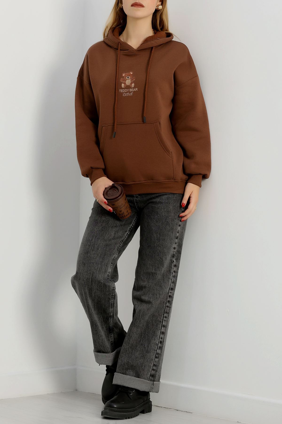 3 İplik Kanguru Cepli Kapşonlu Sweat Kahve - 42254.1878.