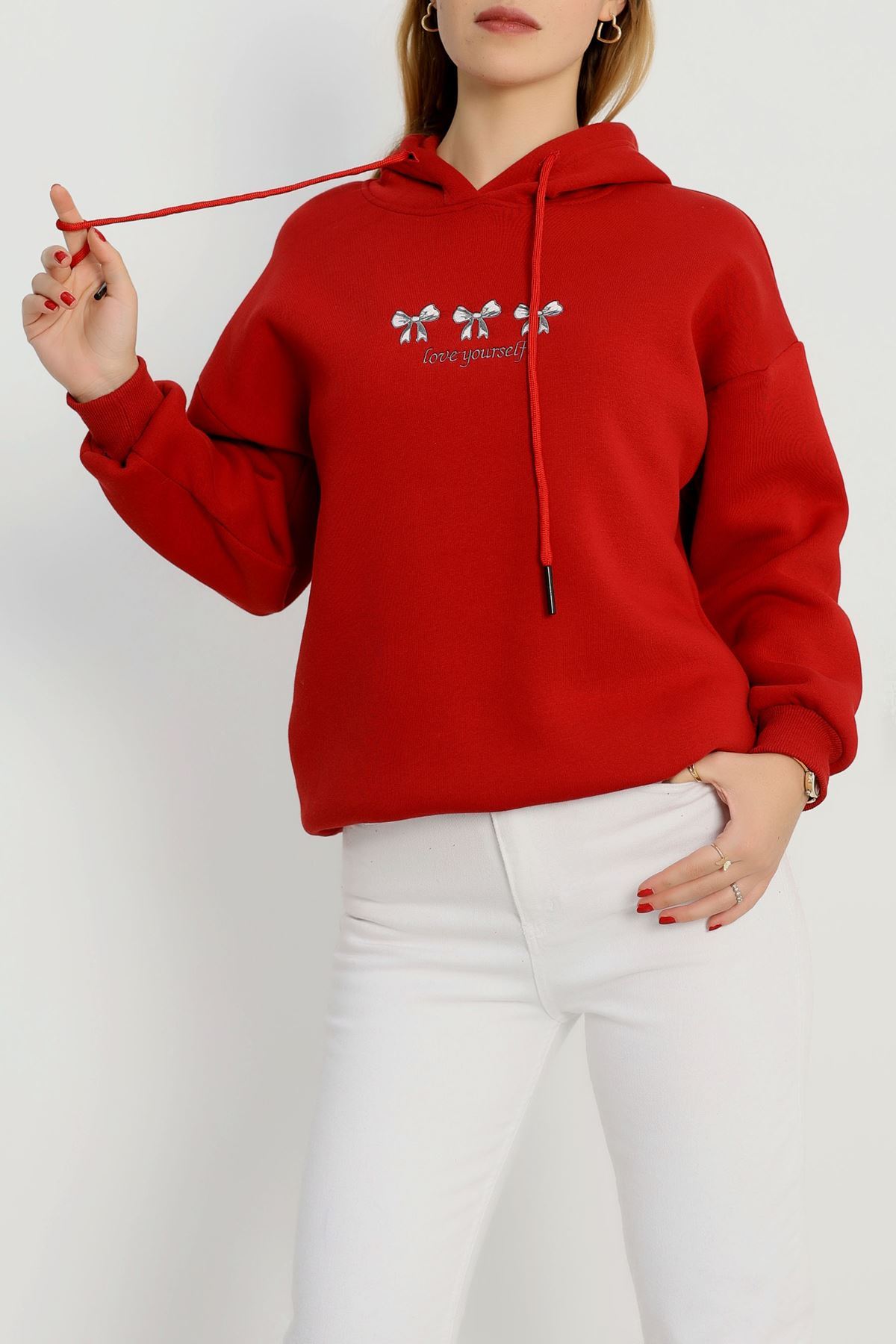 3 İplik Kapşonlu Nakışlı Sweat Bordobeyaz - 42219.1878.