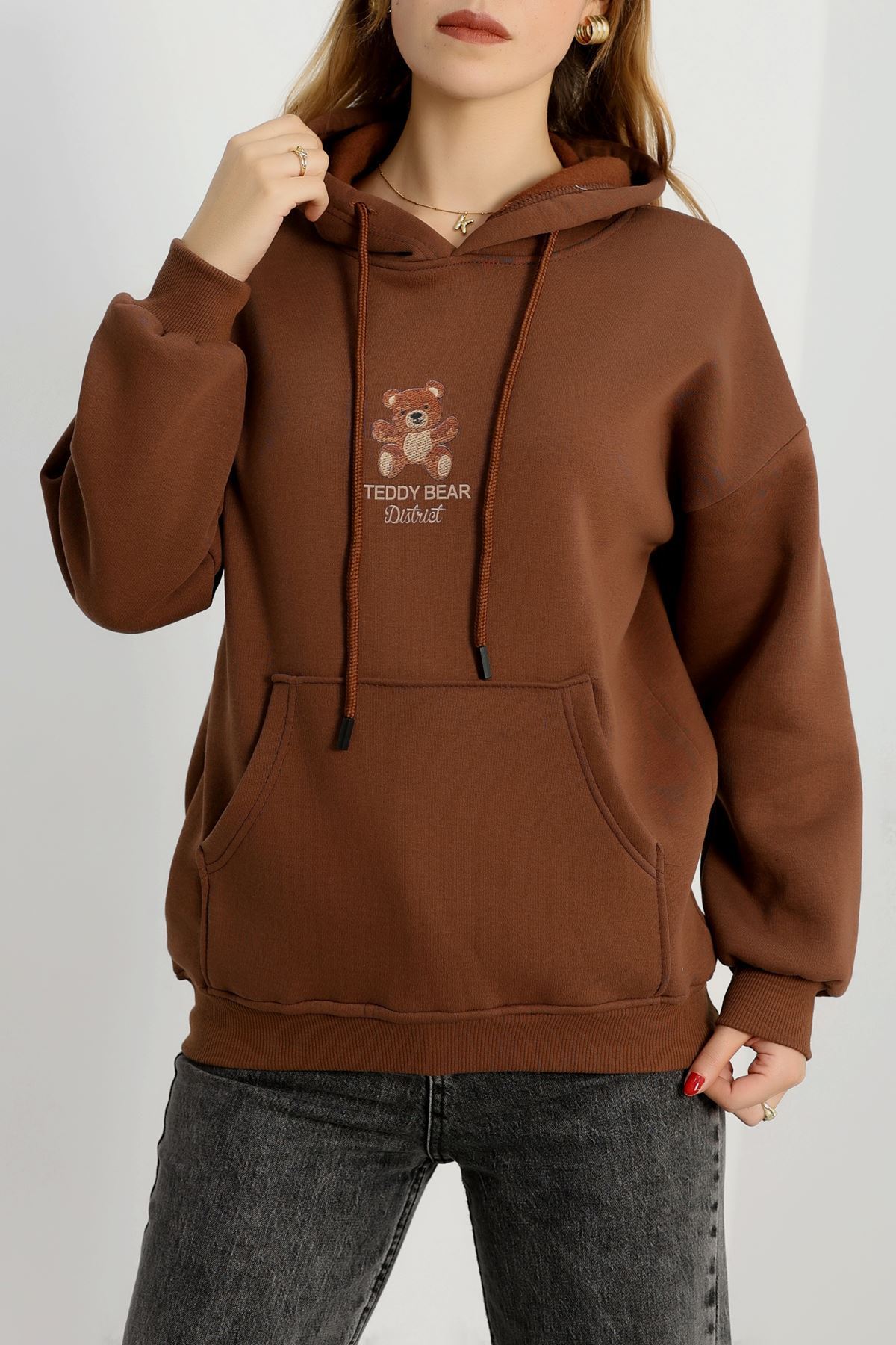 3 İplik Kanguru Cepli Kapşonlu Sweat Kahve - 42254.1878.