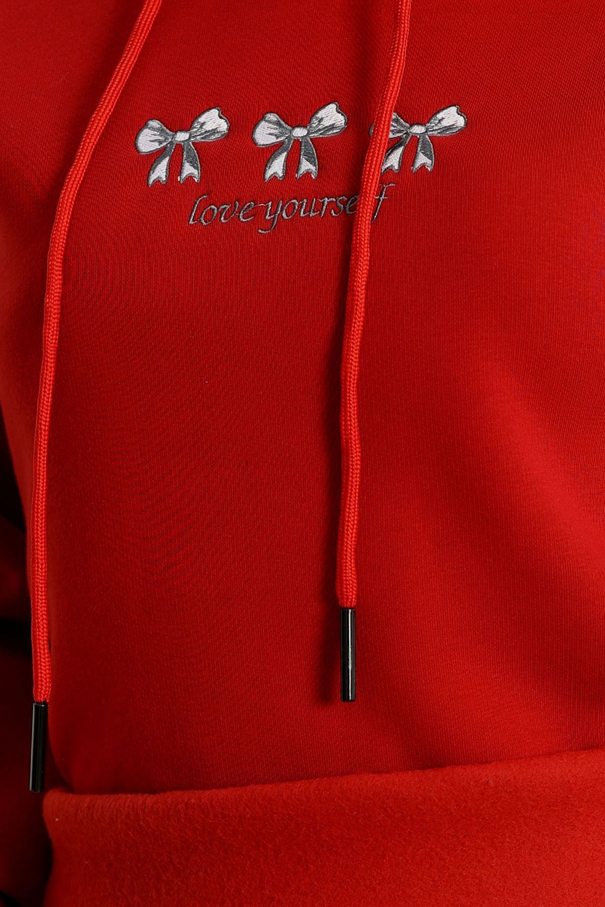 3 İplik Kapşonlu Nakışlı Sweat Bordobeyaz - 42219.1878.