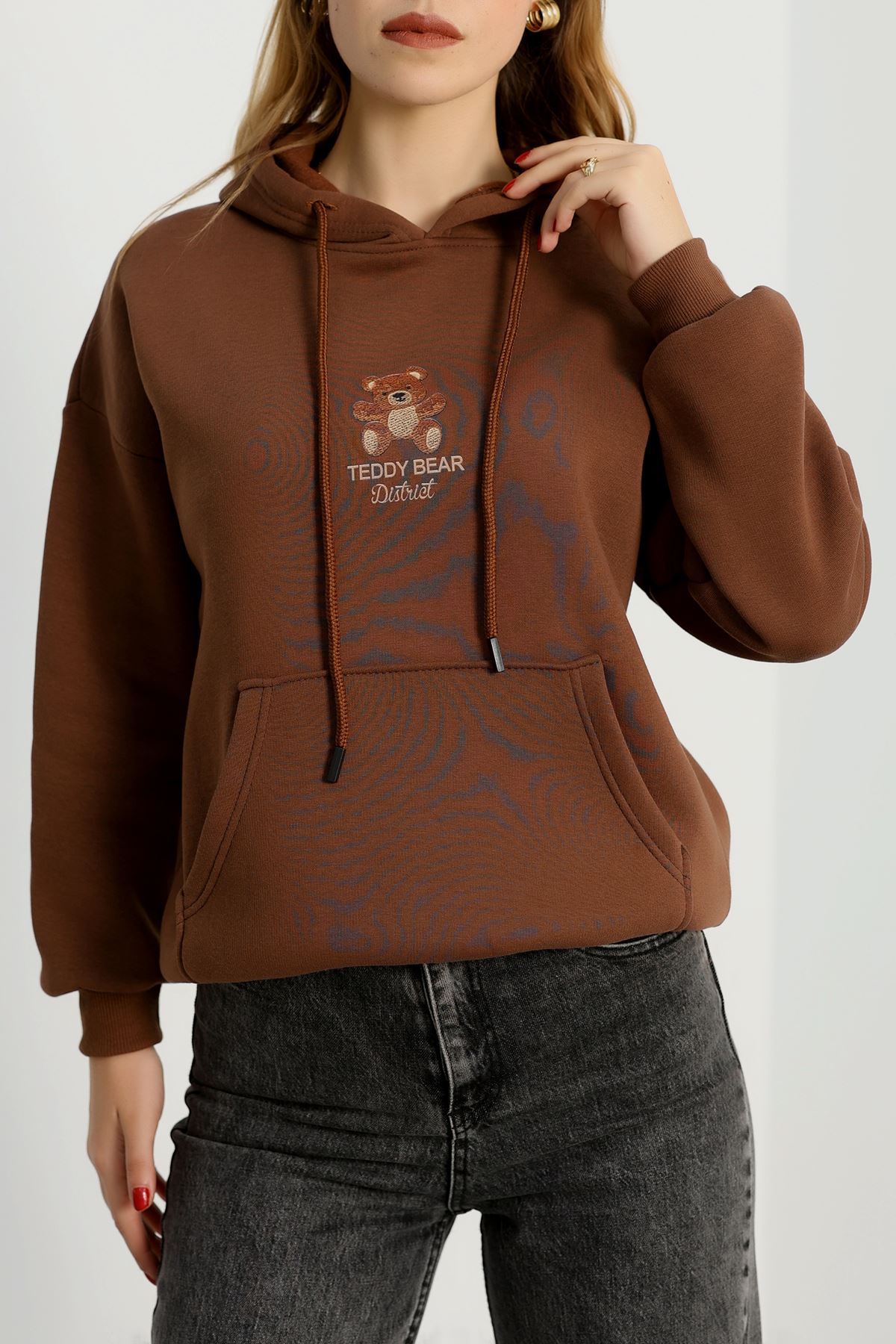 3 İplik Kanguru Cepli Kapşonlu Sweat Kahve - 42254.1878.