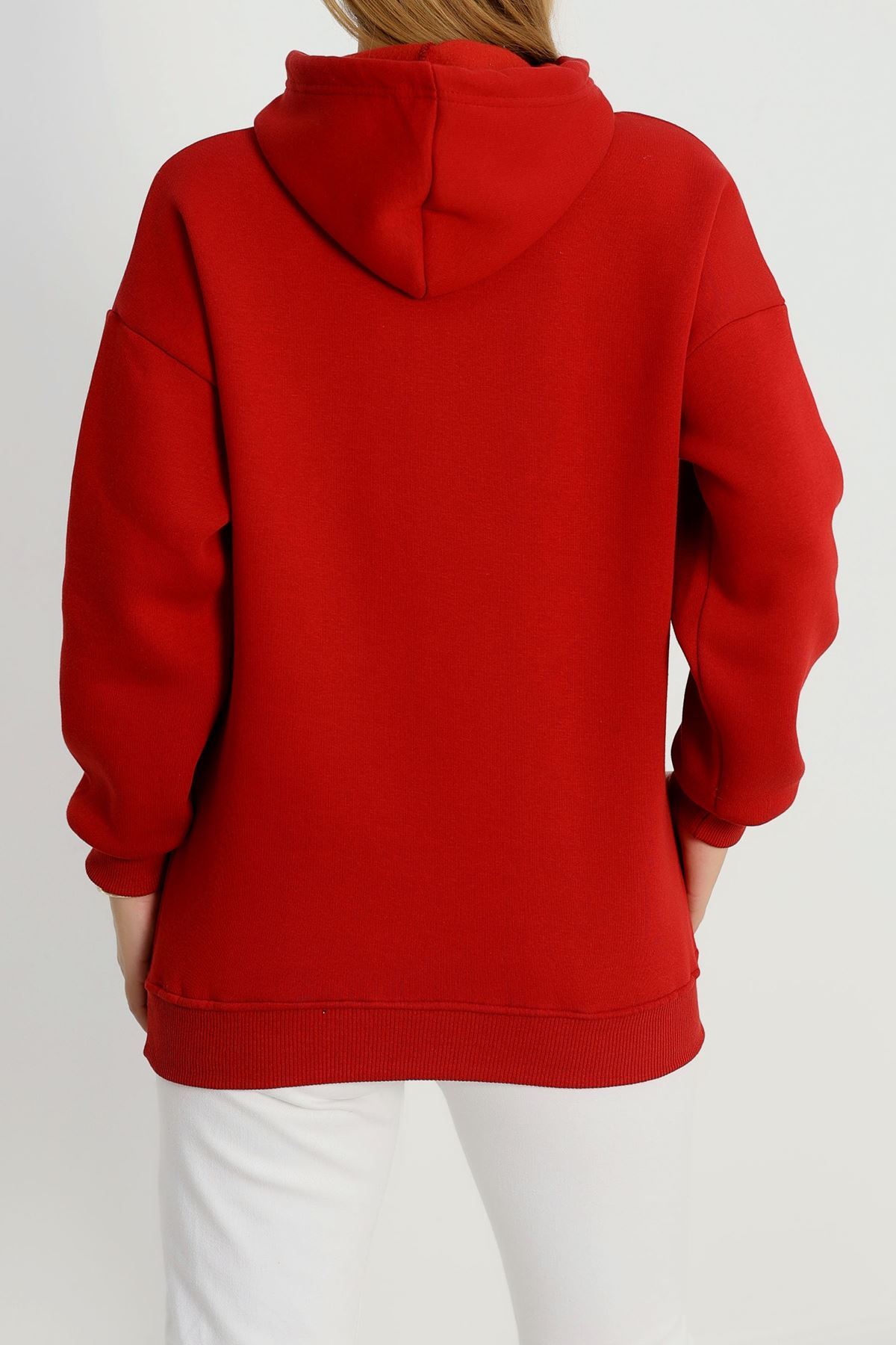 3 İplik Kapşonlu Nakışlı Sweat Bordobeyaz - 42219.1878.