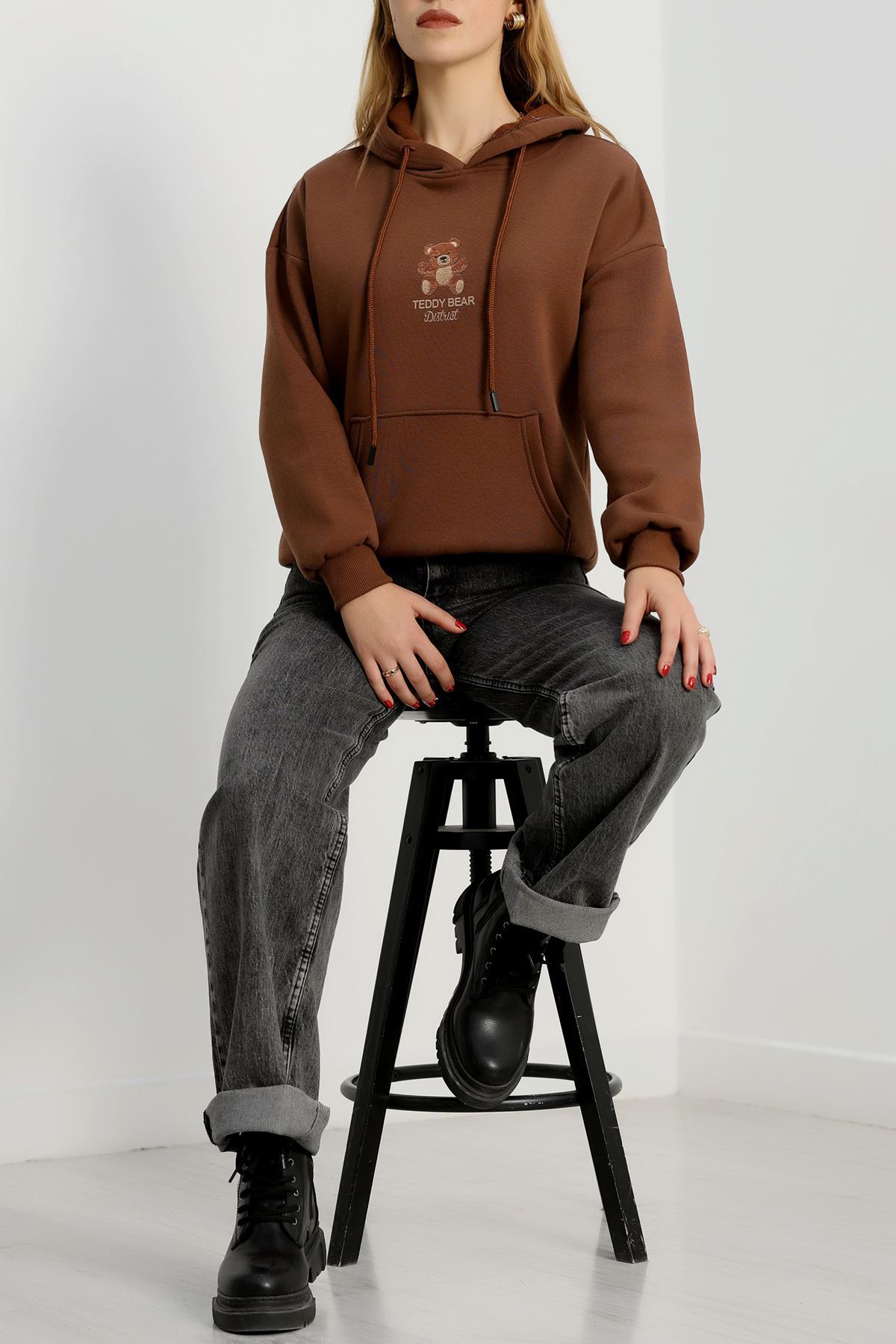 3 İplik Kanguru Cepli Kapşonlu Sweat Kahve - 42254.1878.