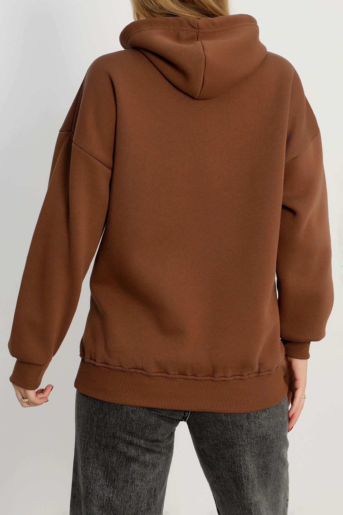 3 İplik Kanguru Cepli Kapşonlu Sweat Kahve - 42254.1878.